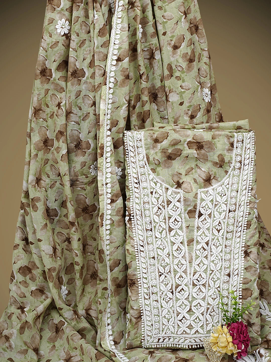 Ada Hand Embroidered Floral Printed Green Cotton Lucknowi Chikankari Kurta Dupatta Set 01A898214