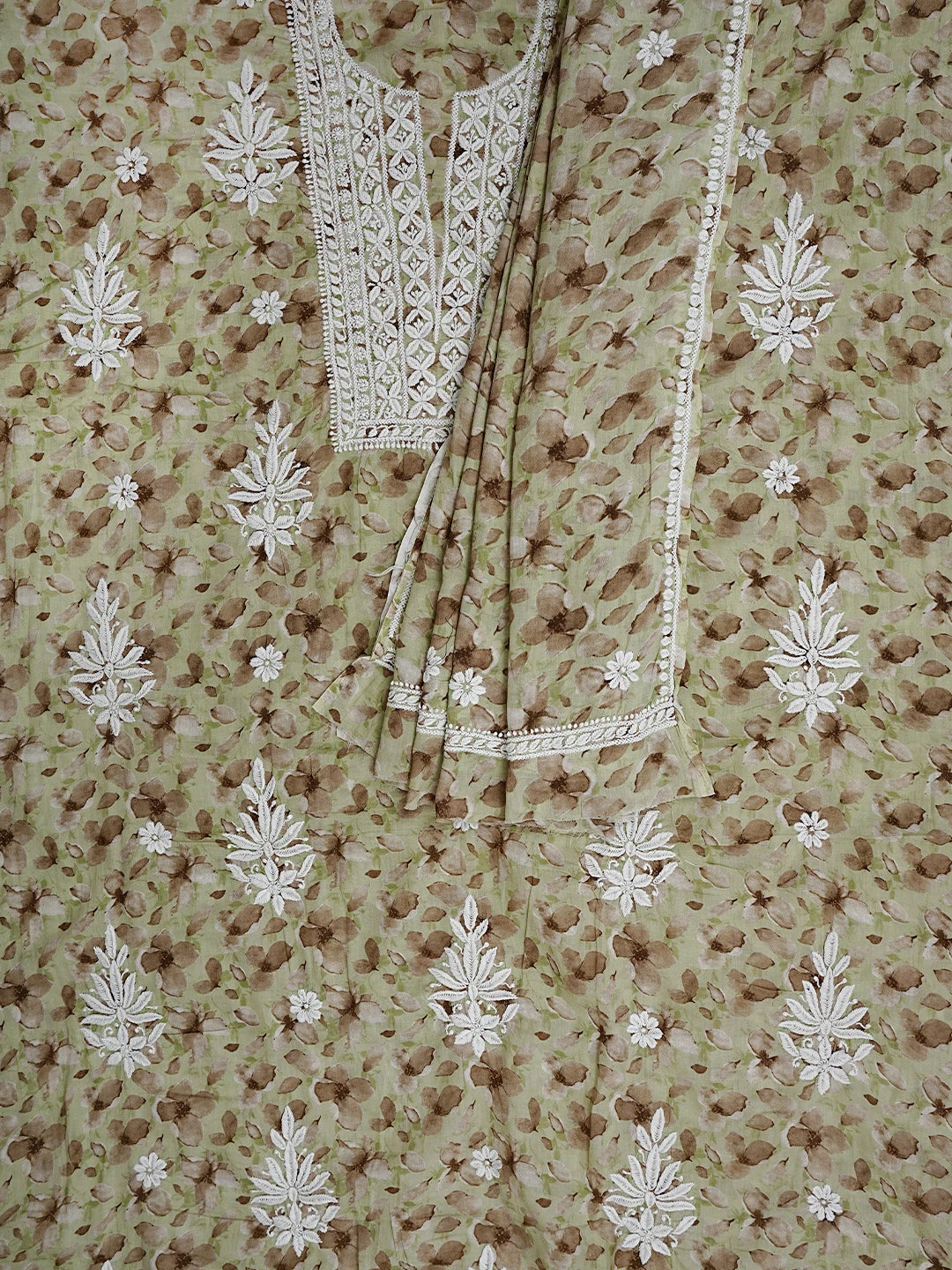Ada Hand Embroidered Floral Printed Green Cotton Lucknowi Chikankari Kurta Dupatta Set 01A898214