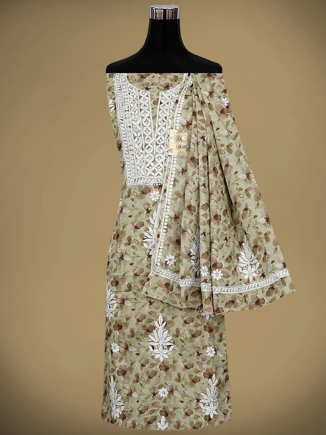 Ada Hand Embroidered Floral Printed Green Cotton Lucknowi Chikankari Kurta Dupatta Set 01A898214