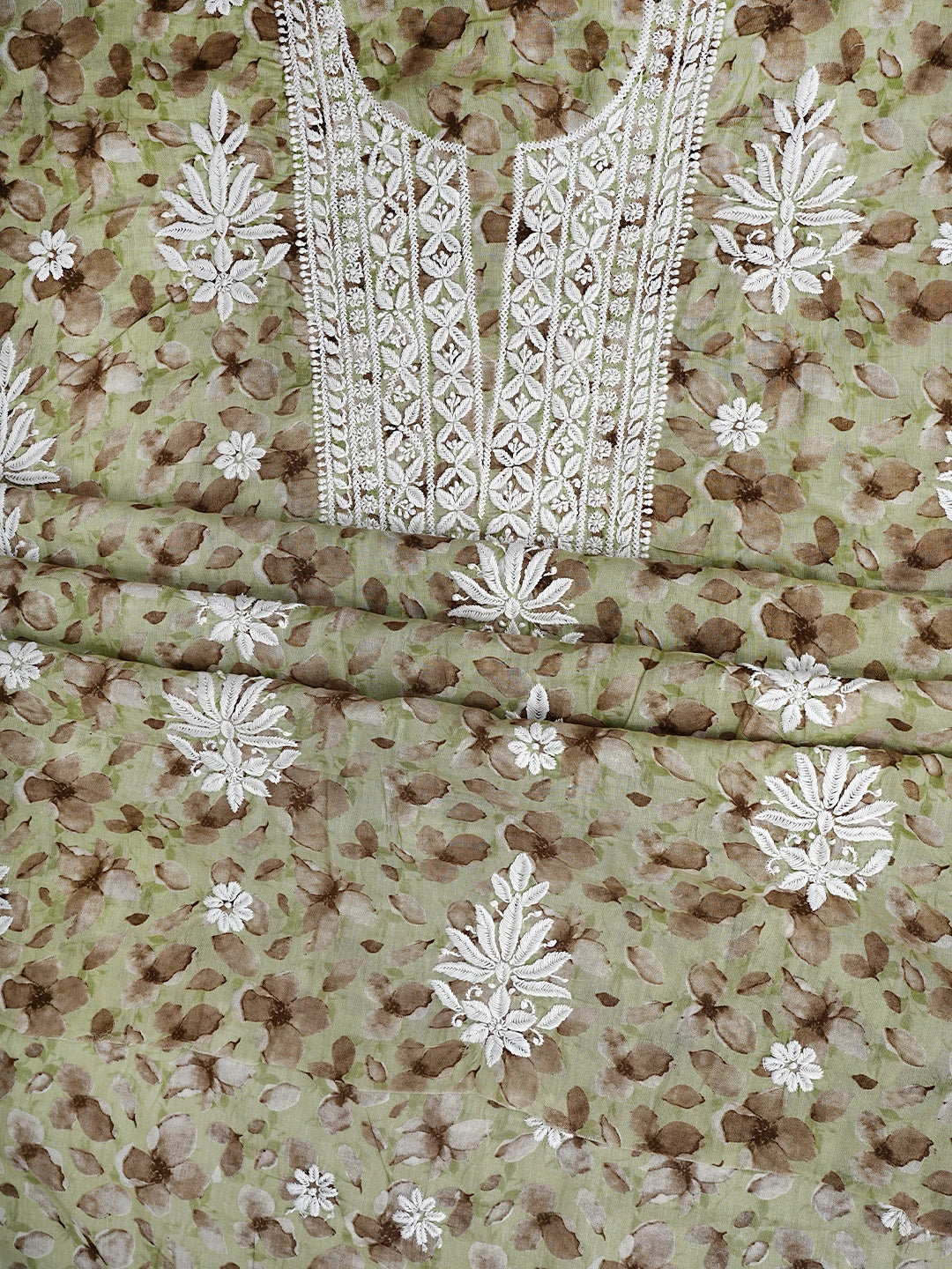 Ada Hand Embroidered Floral Printed Green Cotton Lucknowi Chikankari Kurta Dupatta Set 01A898214