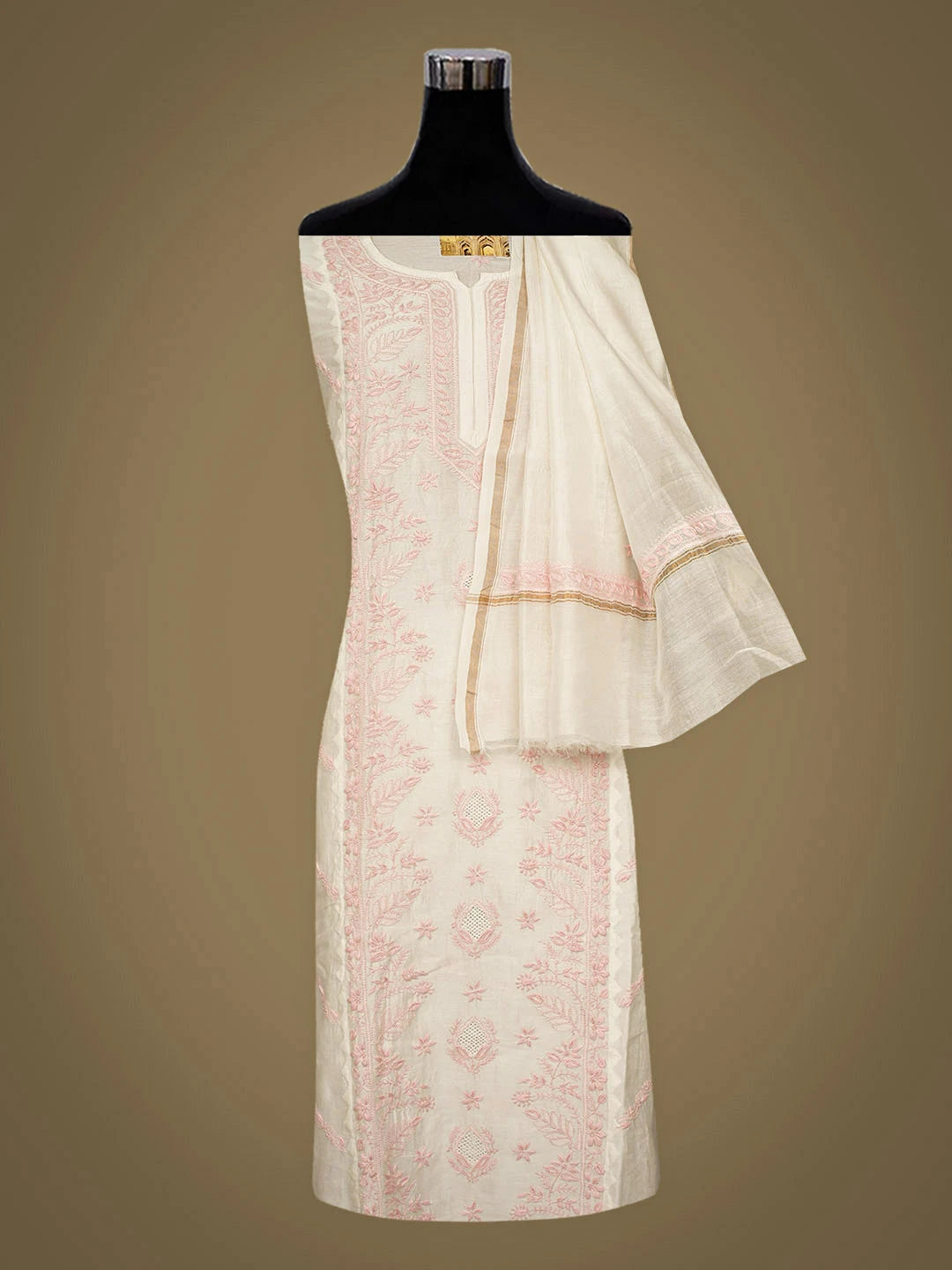 Ada Hand Embroidered White Chanderi Lucknowi Chikankari Semi-stitched Kurta Dupatta Set 01A896732