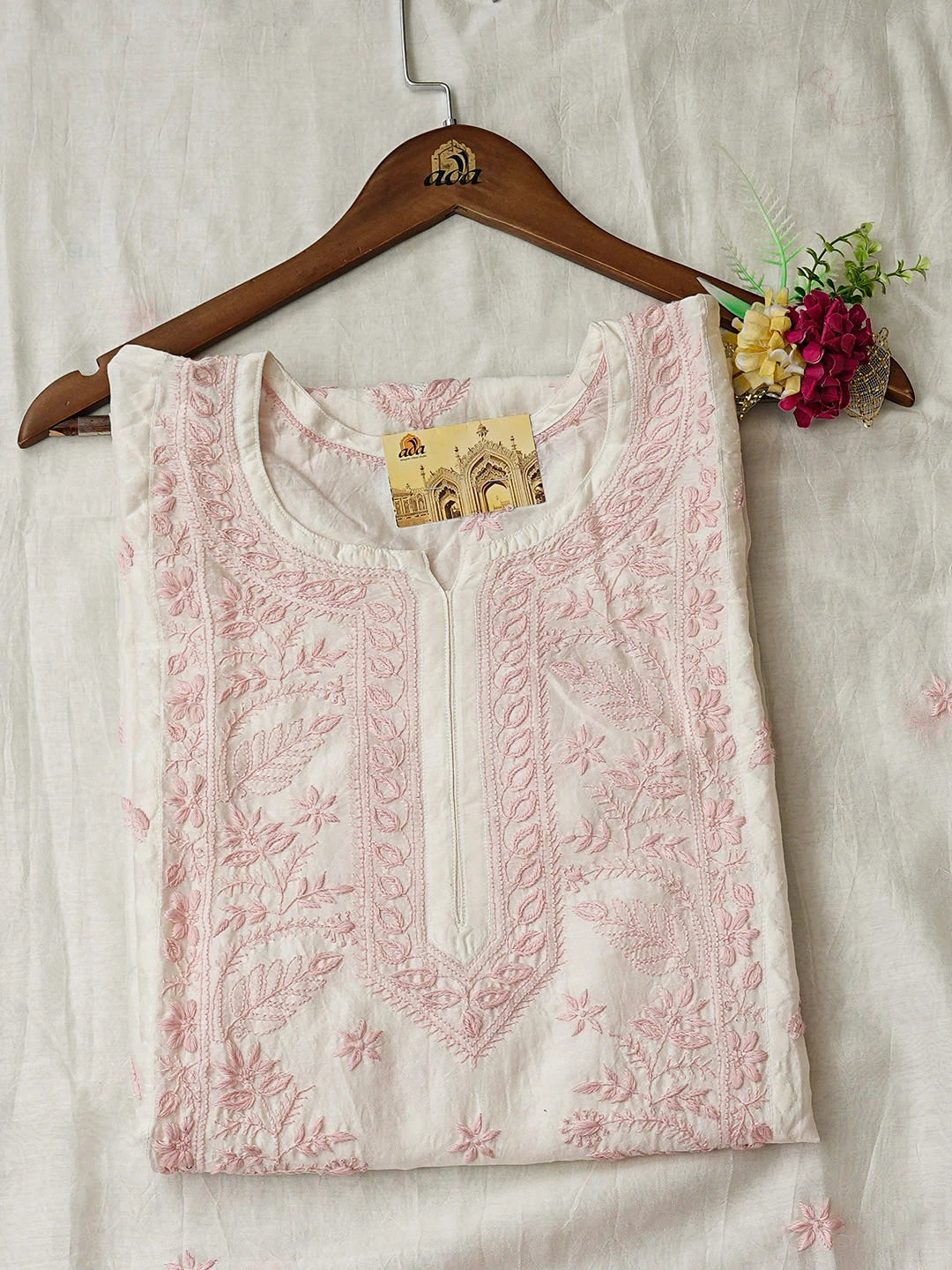 Ada Hand Embroidered White Chanderi Lucknowi Chikankari Semi-stitched Kurta Dupatta Set 01A896732
