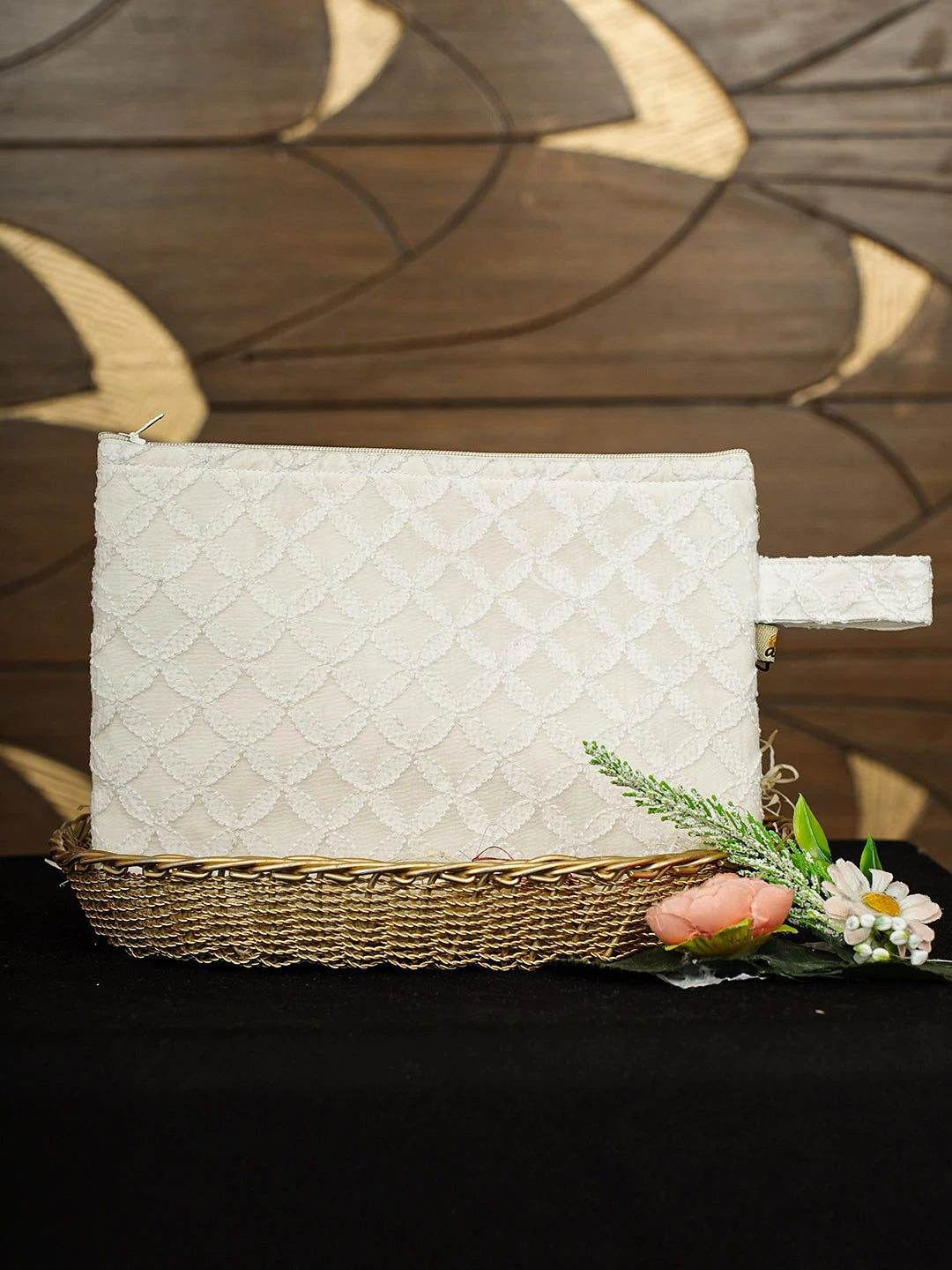 Ada Hand Embroidered White Chanderi Lucknowi Chikankari Pouch 01A922769