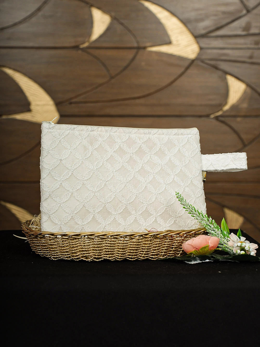 Ada Hand Embroidered White Chanderi Lucknowi Chikankari Pouch 01A922769