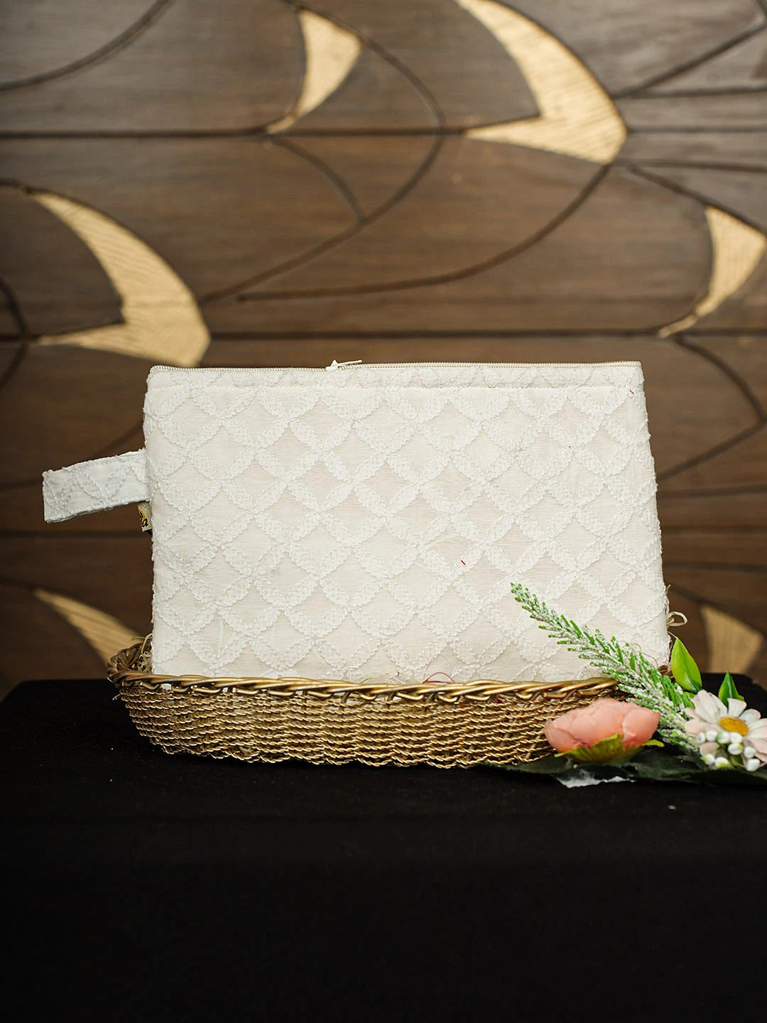 Ada Hand Embroidered White Chanderi Lucknowi Chikankari Pouch 01A922769