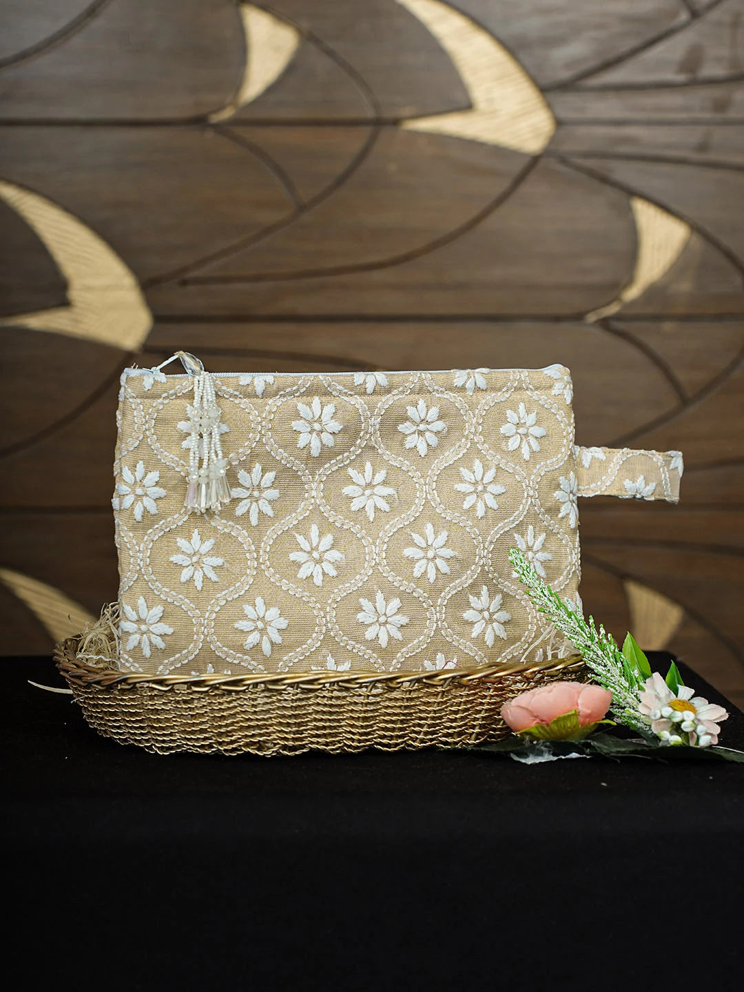 Ada Hand Embroidered Fawn Tissue Lucknowi Chikankari Pouch 01A913138