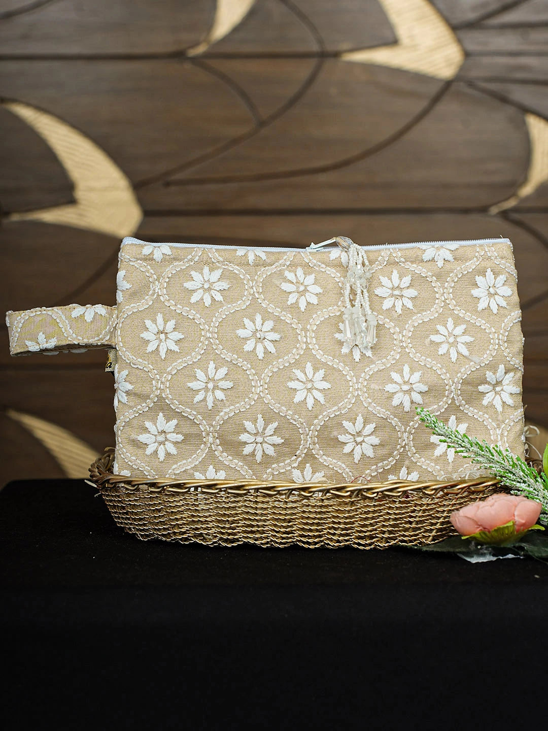 Ada Hand Embroidered Fawn Tissue Lucknowi Chikankari Pouch 01A913138