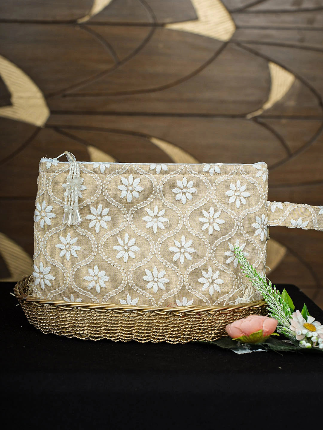 Ada Hand Embroidered Fawn Tissue Lucknowi Chikankari Pouch 01A913138