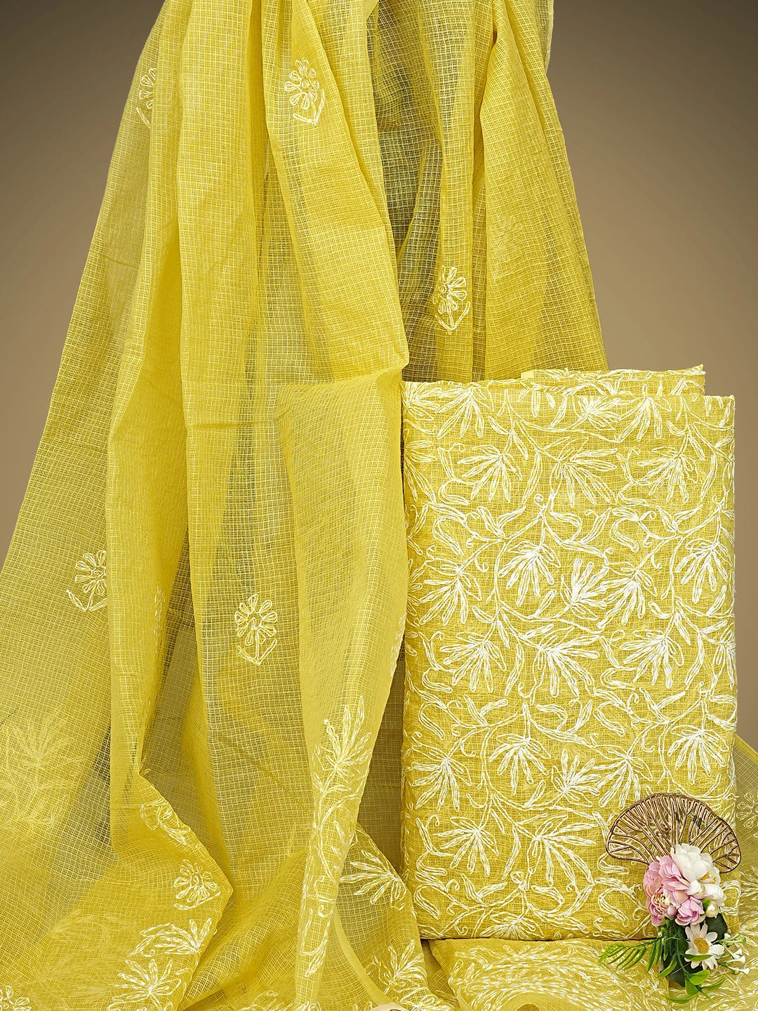 Ada Hand Embroidered Yellow Kota Lucknowi Chikankari Unstitched Kurta Dupatta Set 01A870633