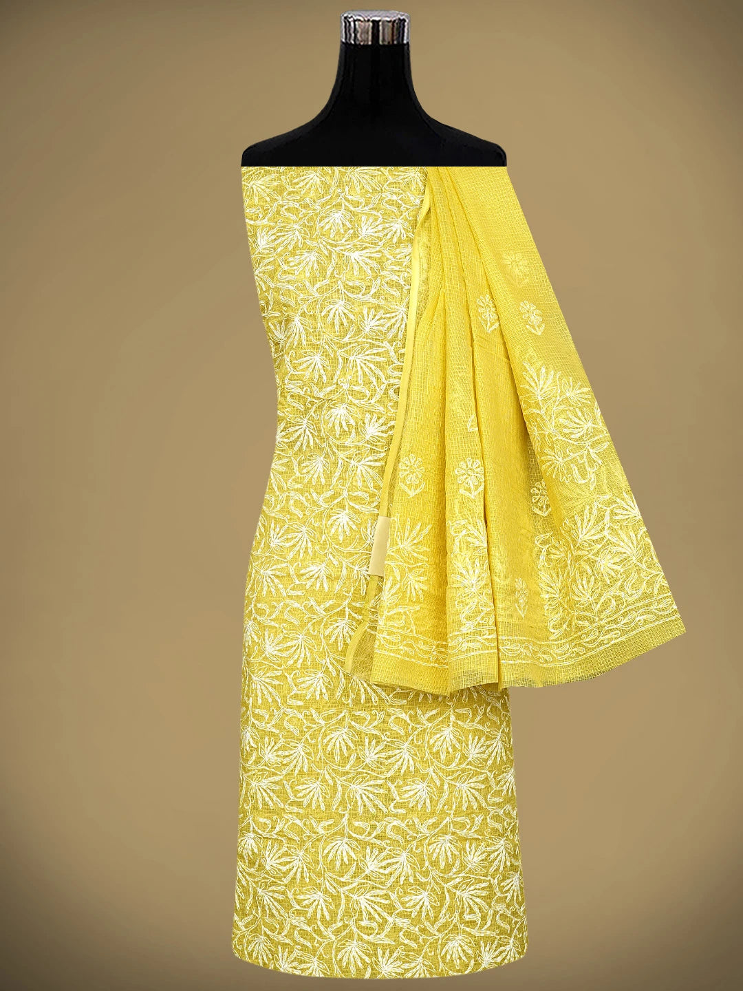 Ada Hand Embroidered Yellow Kota Lucknowi Chikankari Unstitched Kurta Dupatta Set 01A870633