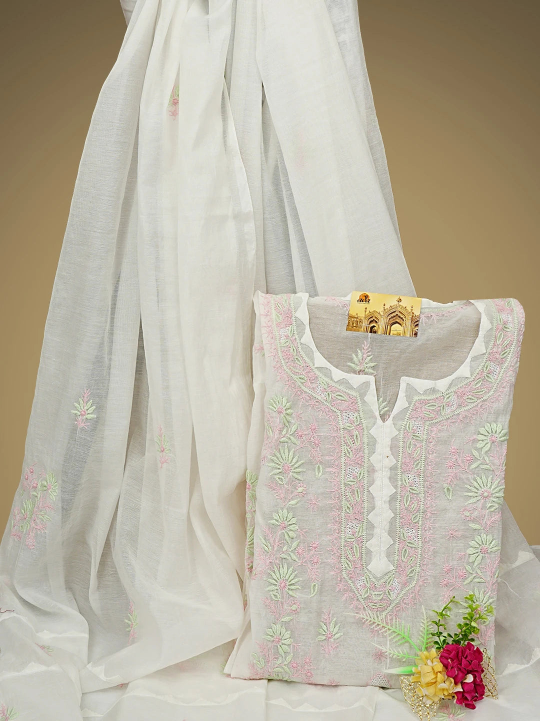 Ada Hand Embroidered White Old Lace Chanderi Lucknowi Chikankari Semi-stitched Kurta Dupatta Set 01A943698