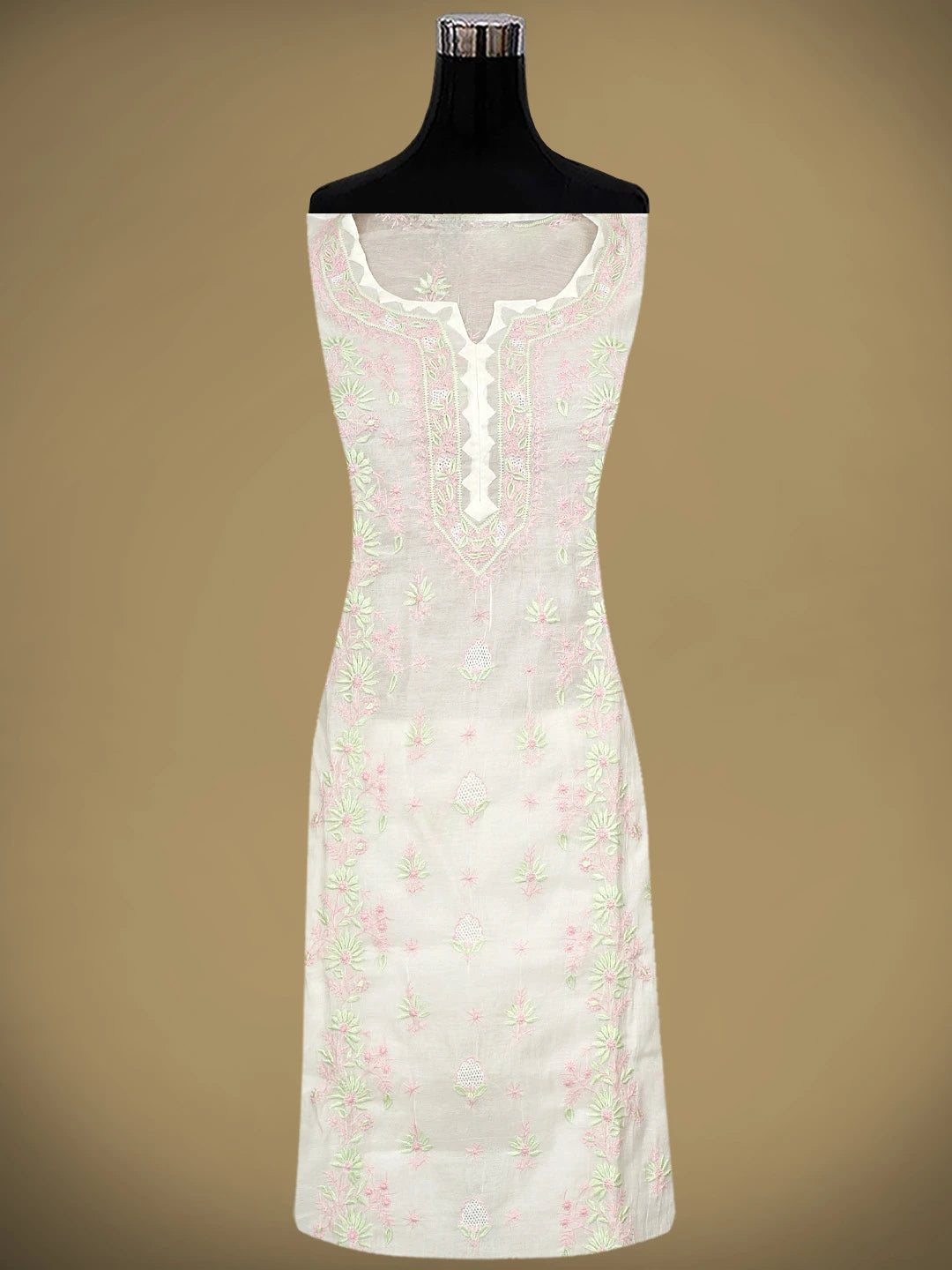 Ada Hand Embroidered White Old Lace Chanderi Lucknowi Chikankari Semi-stitched Kurta Dupatta Set 01A943698