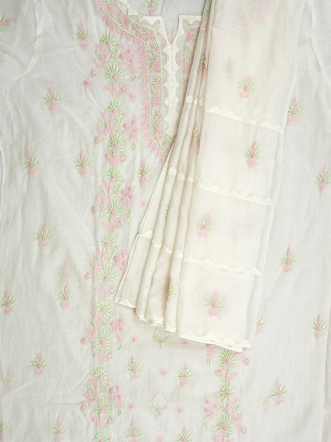 Ada Hand Embroidered White Old Lace Chanderi Lucknowi Chikankari Semi-stitched Kurta Dupatta Set 01A943698