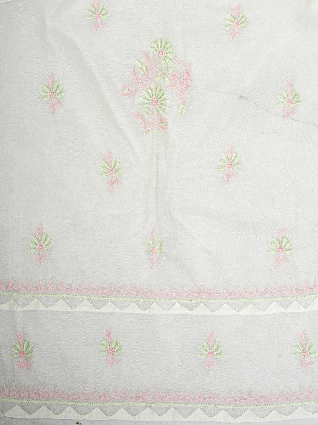 Ada Hand Embroidered White Old Lace Chanderi Lucknowi Chikankari Semi-stitched Kurta Dupatta Set 01A943698