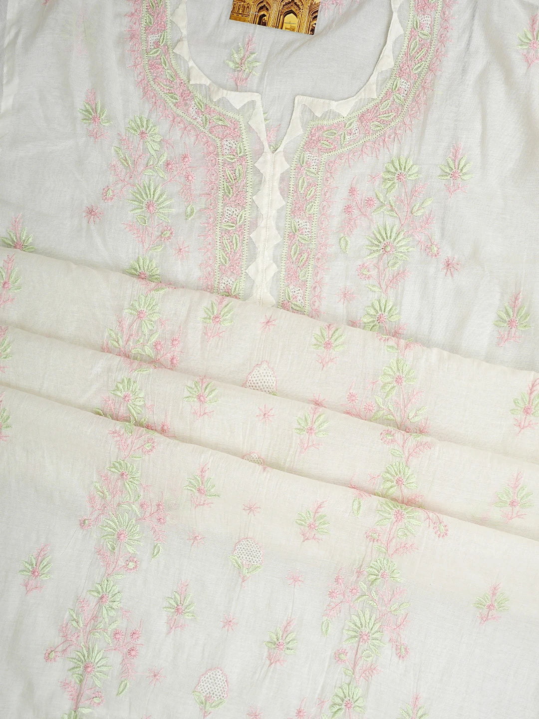 Ada Hand Embroidered White Old Lace Chanderi Lucknowi Chikankari Semi-stitched Kurta Dupatta Set 01A943698