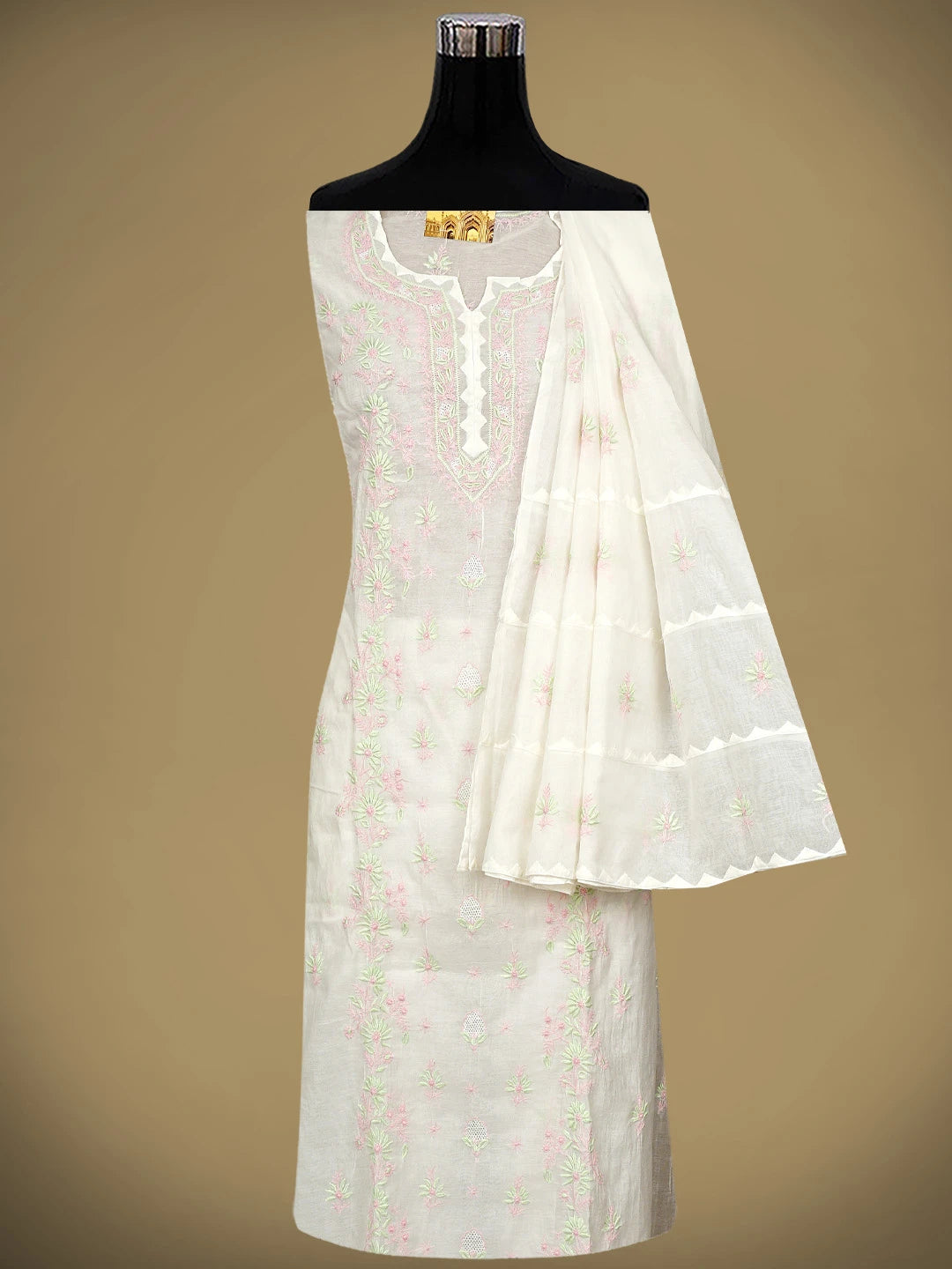 Ada Hand Embroidered White Old Lace Chanderi Lucknowi Chikankari Semi-stitched Kurta Dupatta Set 01A943698