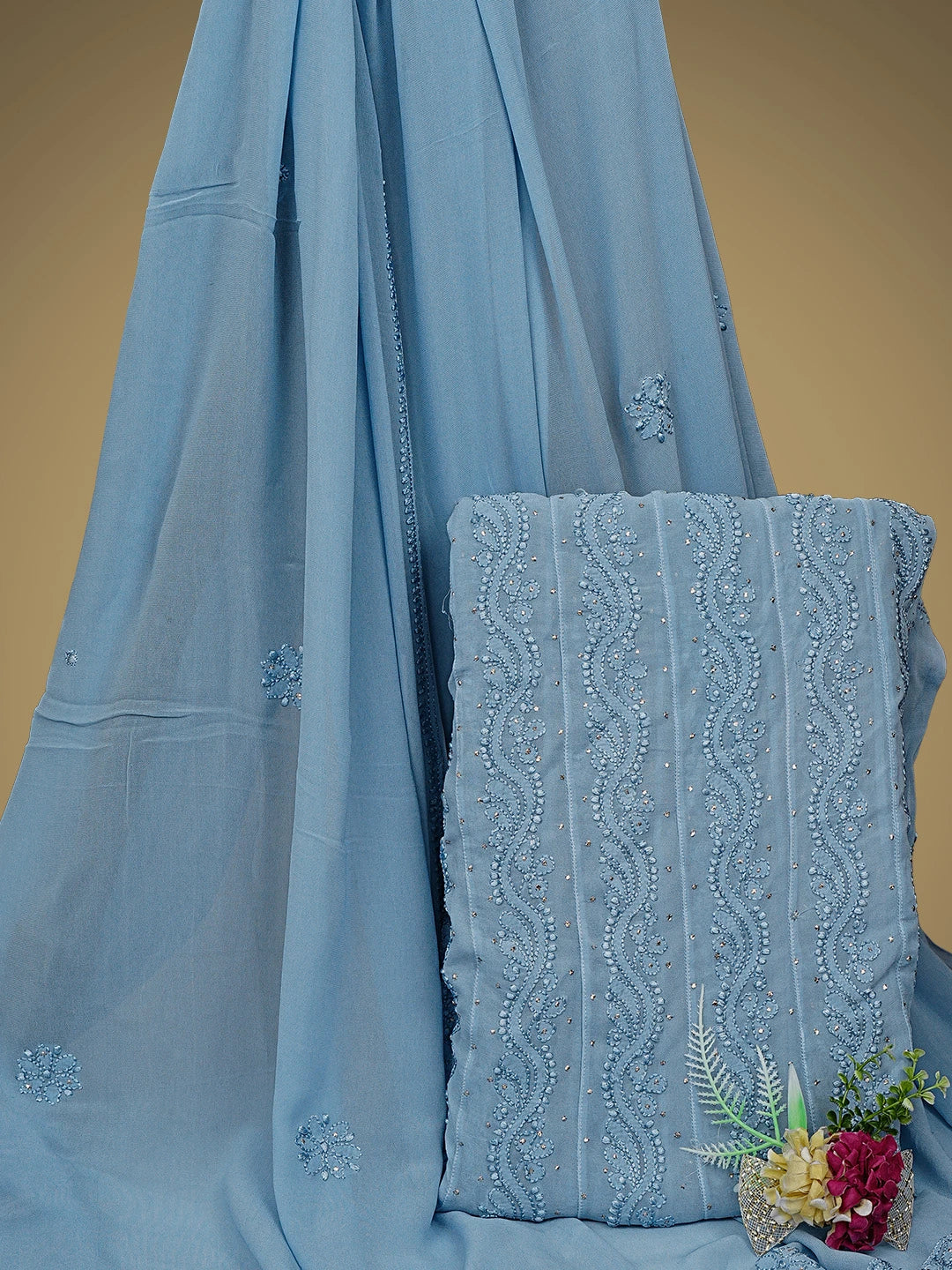 Ada Hand Embroidered Blue Viscose Georgette Lucknowi Chikankari Semi-Stitched Anarkali Kurta Dupatta Set With Mukaish Work 01A901418