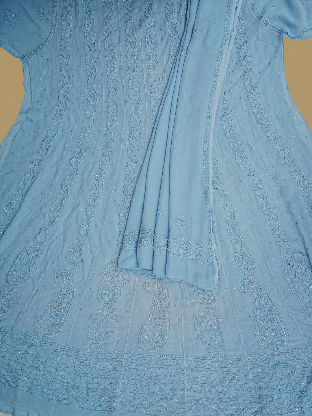 Ada Hand Embroidered Blue Viscose Georgette Lucknowi Chikankari Semi-Stitched Anarkali Kurta Dupatta Set With Mukaish Work 01A901418