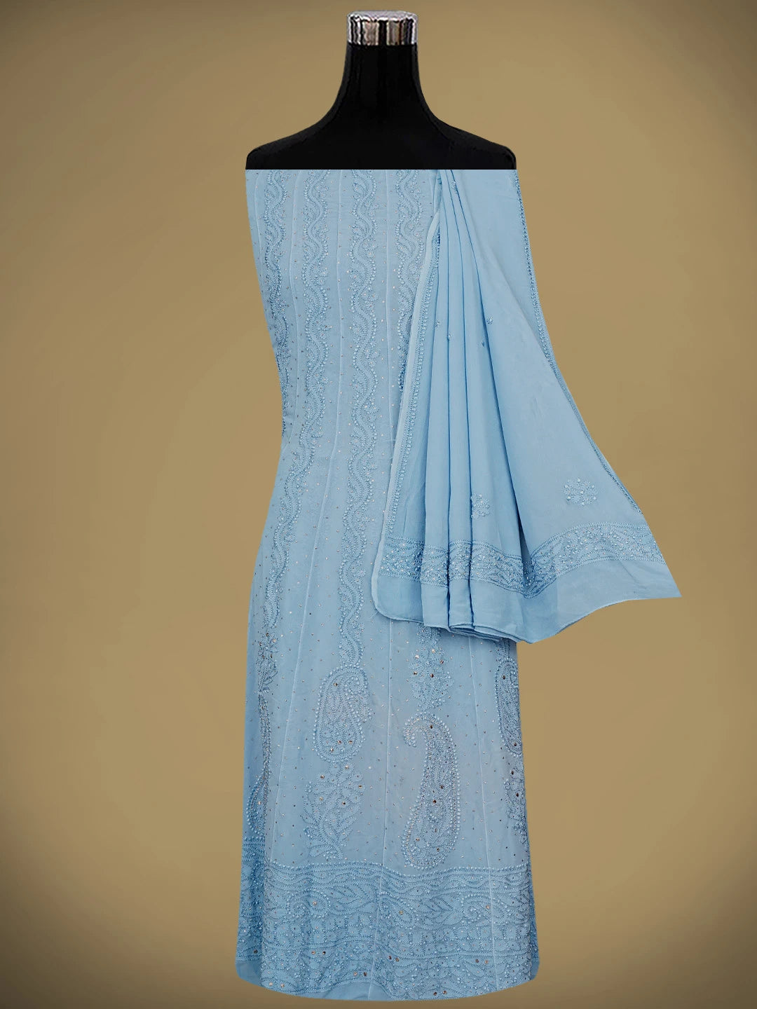 Ada Hand Embroidered Blue Viscose Georgette Lucknowi Chikankari Semi-Stitched Anarkali Kurta Dupatta Set With Mukaish Work 01A901418