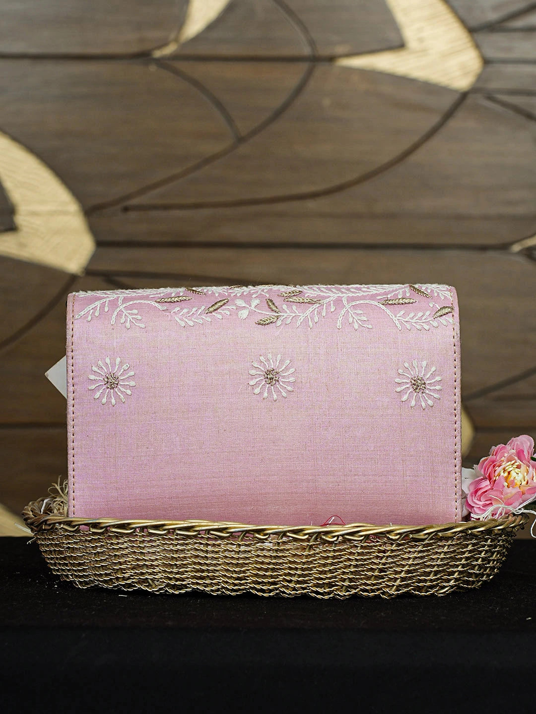 Ada Hand Embroidered Pink Silk Lucknowi Chikankari Clutch With Zari Work 01A643731