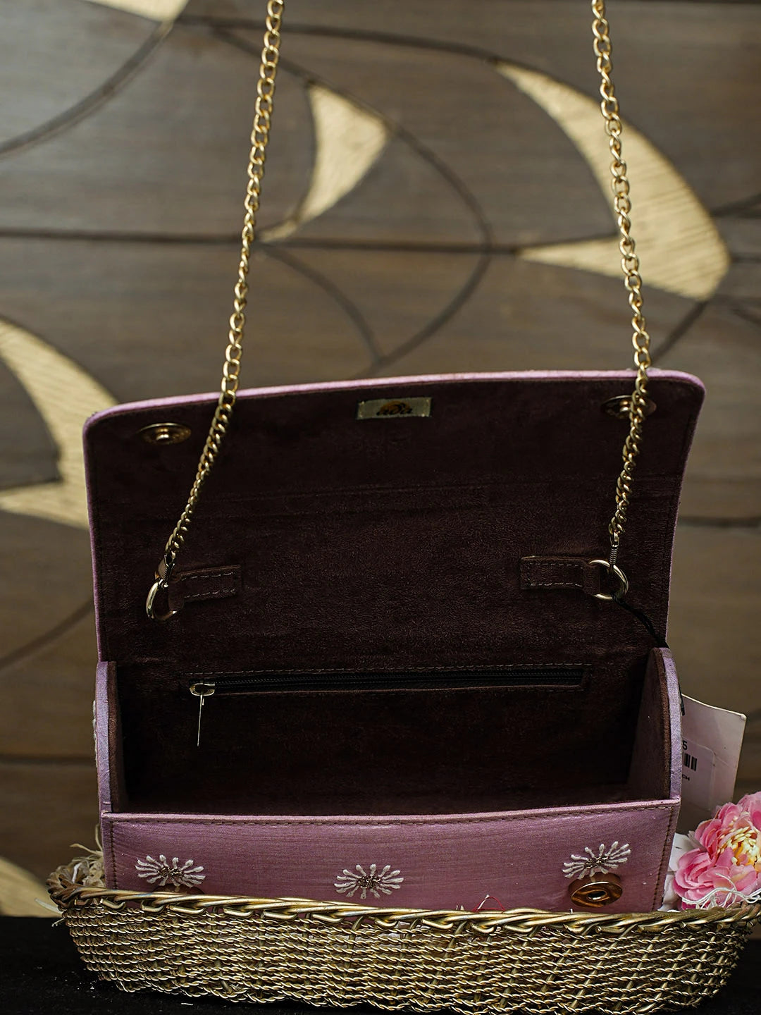 Ada Hand Embroidered Pink Silk Lucknowi Chikankari Clutch With Zari Work 01A643731