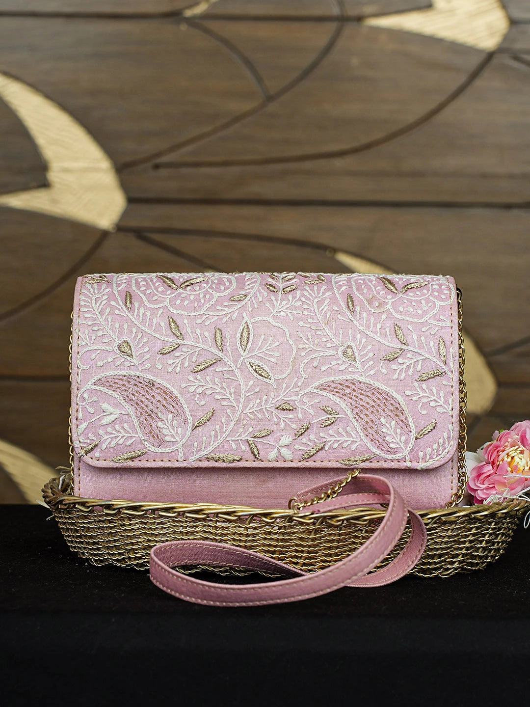 Ada Hand Embroidered Pink Silk Lucknowi Chikankari Clutch With Zari Work 01A643731