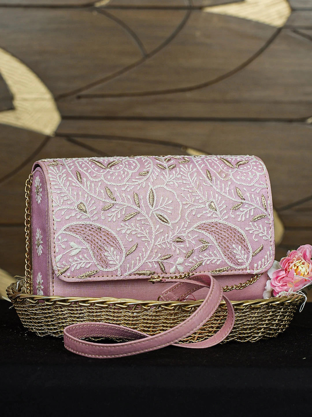 Ada Hand Embroidered Pink Silk Lucknowi Chikankari Clutch With Zari Work 01A643731