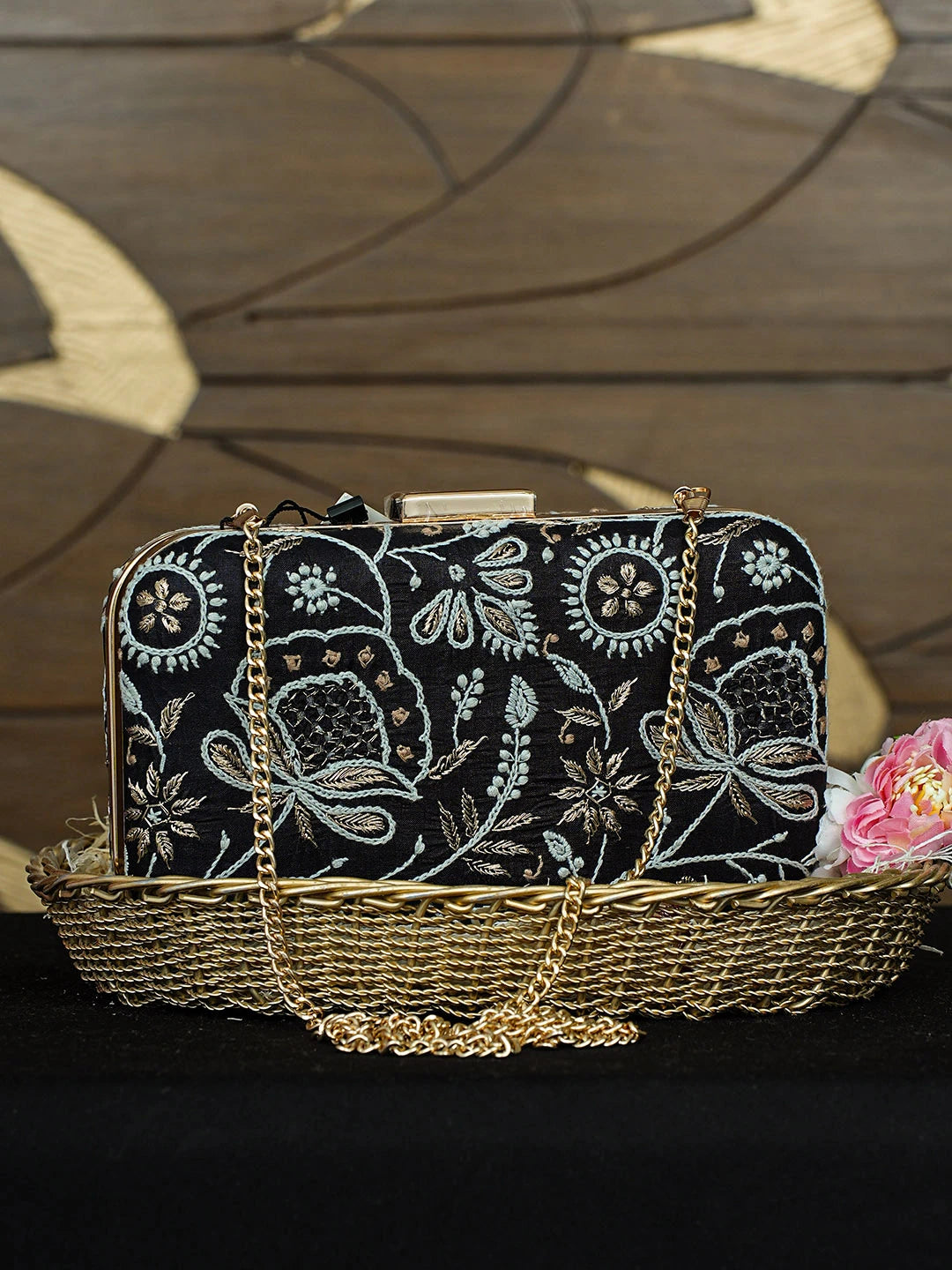 Ada Hand Embroidered Black Silk Lucknowi Chikankari Clutch With Zari Work 01A933540