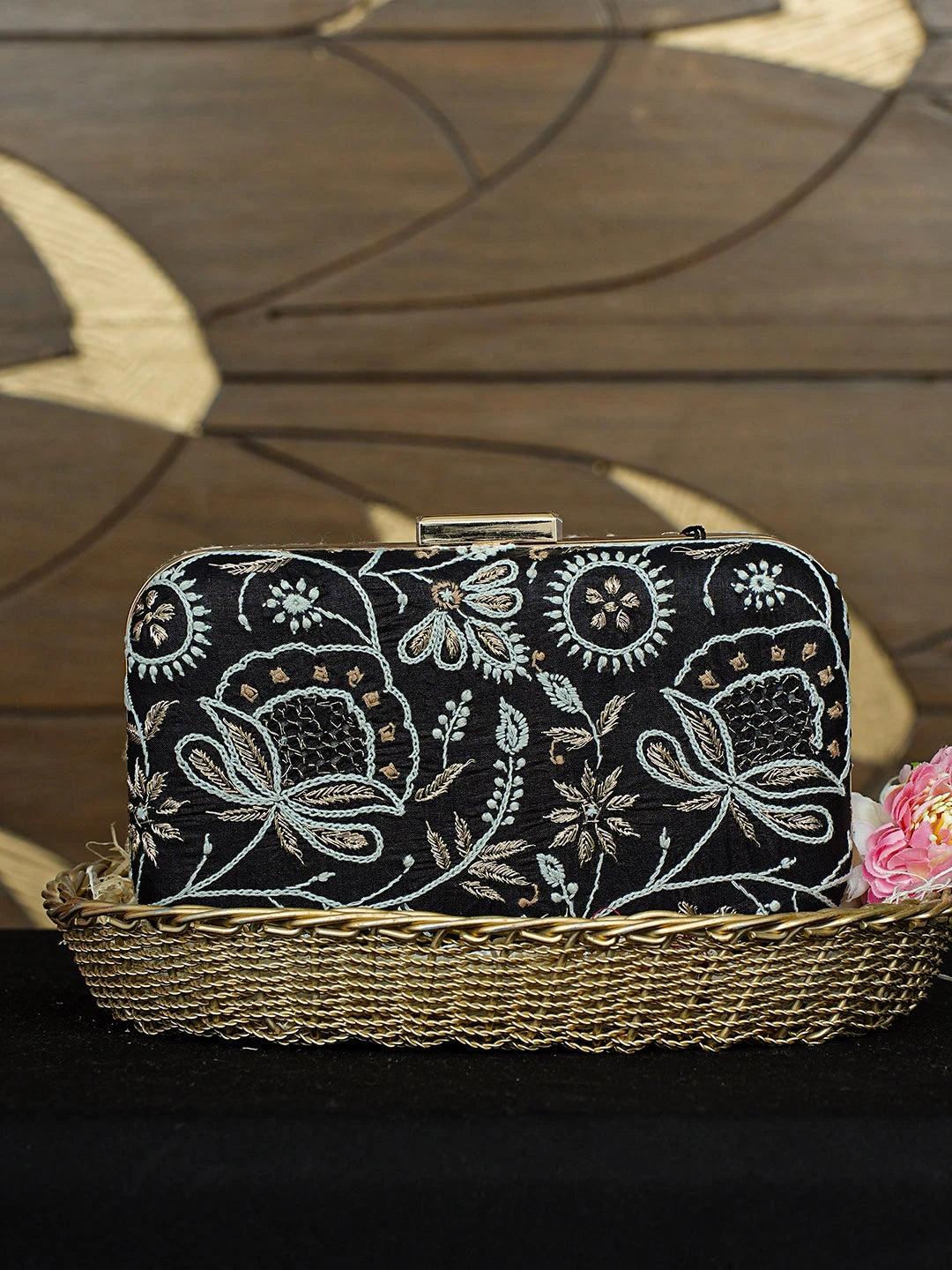 Ada Hand Embroidered Black Silk Lucknowi Chikankari Clutch With Zari Work 01A933540
