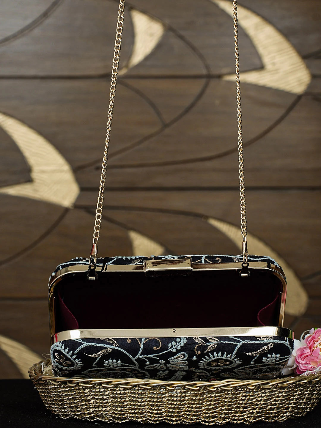 Ada Hand Embroidered Black Silk Lucknowi Chikankari Clutch With Zari Work 01A933540