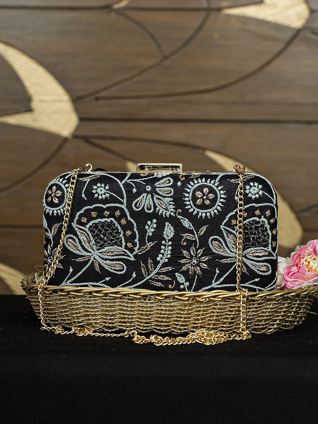 Ada Hand Embroidered Black Silk Lucknowi Chikankari Clutch With Zari Work 01A933540