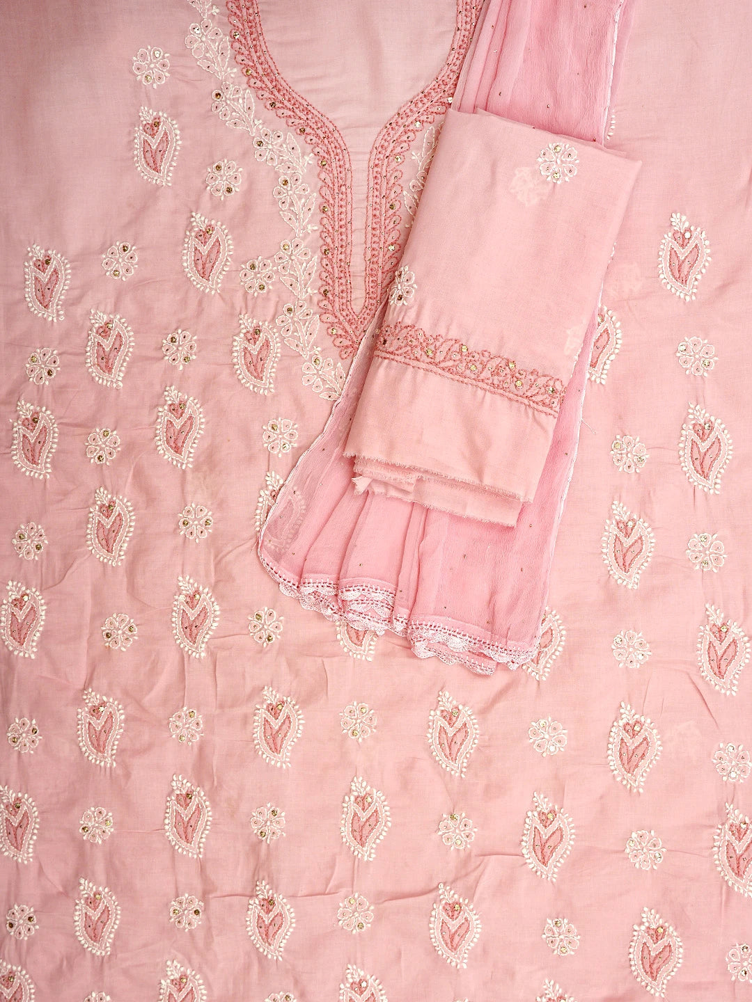Ada Hand Embroidered Pink Cotton Lucknowi Chikankari Unstitched Suit Piece With Muqaish Work 01A669328