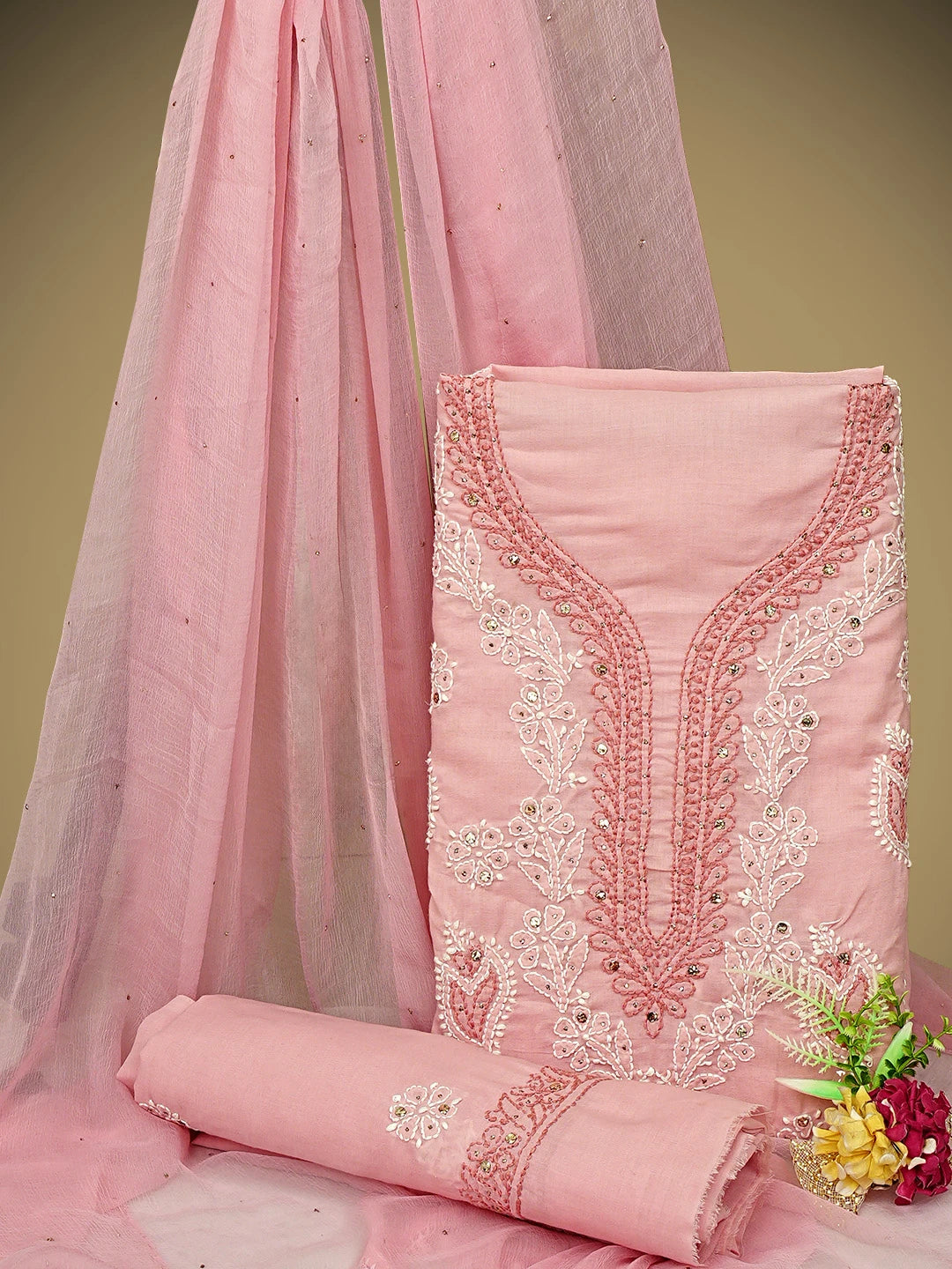 Ada Hand Embroidered Pink Cotton Lucknowi Chikankari Unstitched Suit Piece With Muqaish Work 01A669328