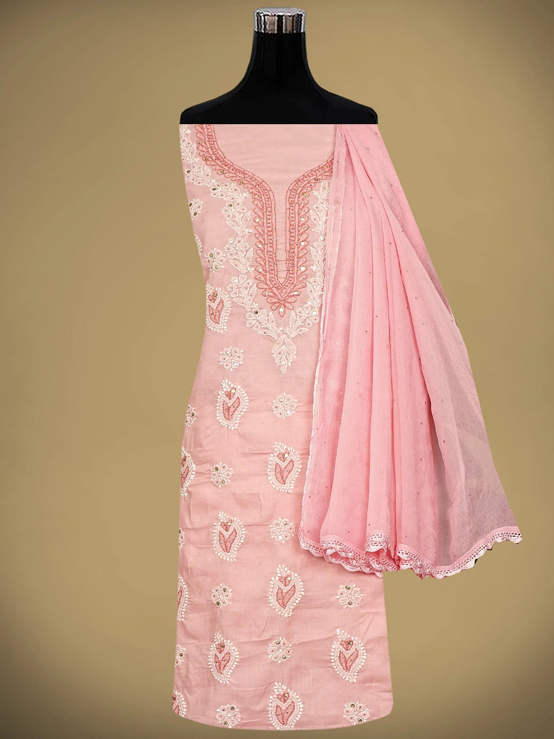 Ada Hand Embroidered Pink Cotton Lucknowi Chikankari Unstitched Suit Piece With Muqaish Work 01A669328