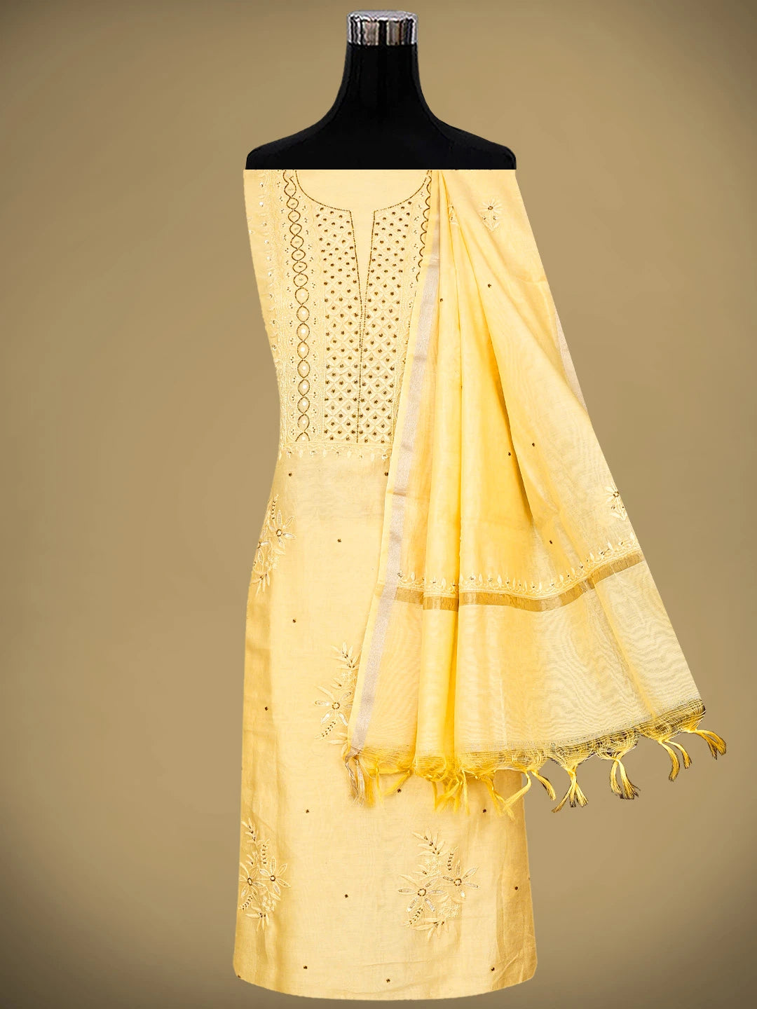 Ada Hand Embroidered Butter Chanderi Lucknowi Chikankari Unstitched Kurta Dupatta Set With Cutdana Work 01A128250