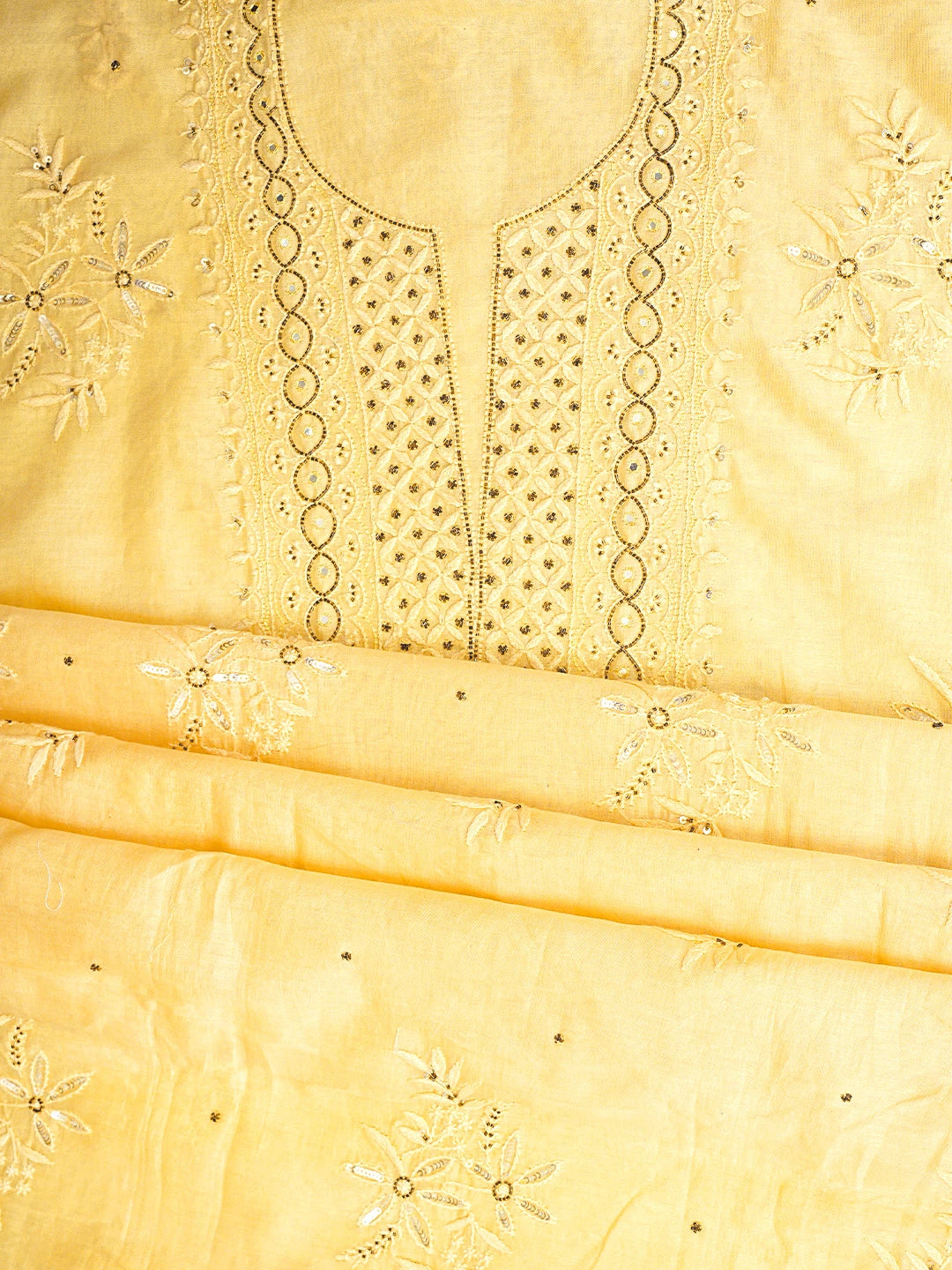Ada Hand Embroidered Butter Chanderi Lucknowi Chikankari Unstitched Kurta Dupatta Set With Cutdana Work 01A128250