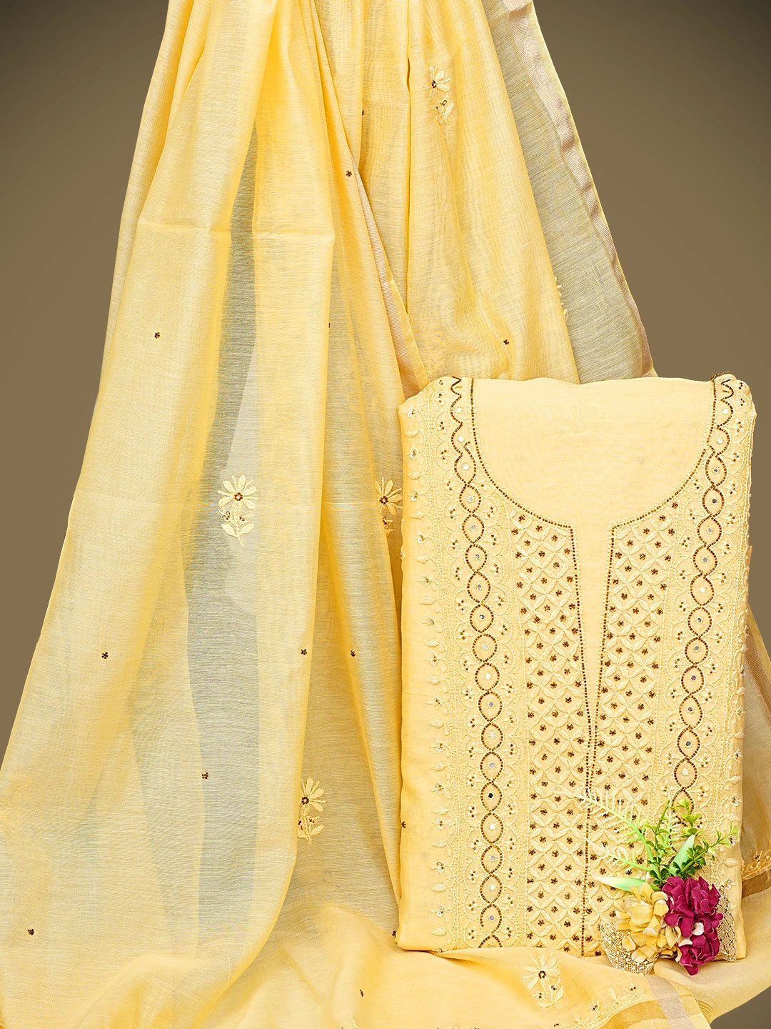 Ada Hand Embroidered Butter Chanderi Lucknowi Chikankari Unstitched Kurta Dupatta Set With Cutdana Work 01A128250