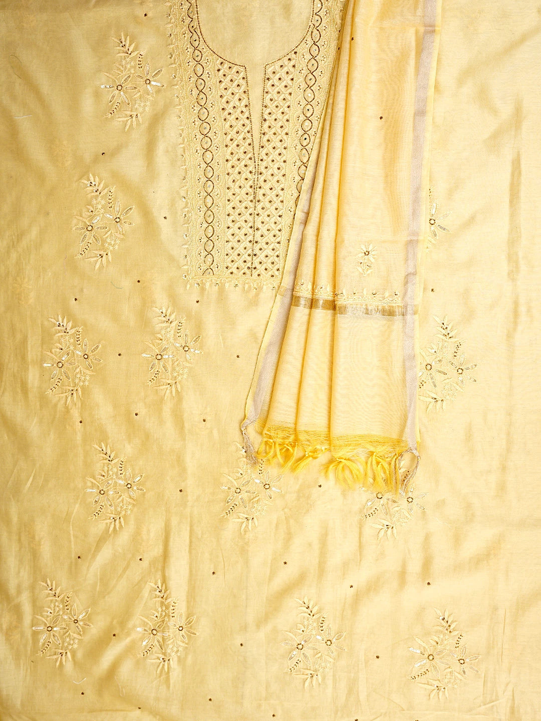 Ada Hand Embroidered Butter Chanderi Lucknowi Chikankari Unstitched Kurta Dupatta Set With Cutdana Work 01A128250