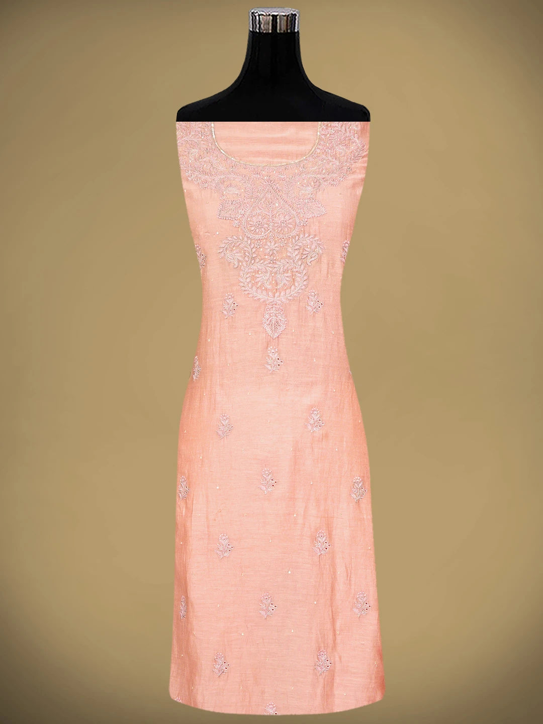 Ada Hand Embroidered Peach Chanderi Lucknowi Chikankari Unstitched Kurta Dupatta Set With Sequinned Work 01A720003