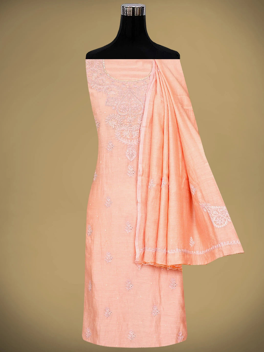 Ada Hand Embroidered Peach Chanderi Lucknowi Chikankari Unstitched Kurta Dupatta Set With Sequinned Work 01A720003