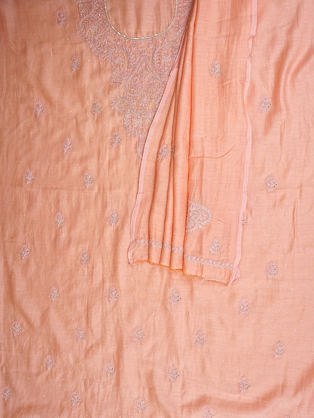 Ada Hand Embroidered Peach Chanderi Lucknowi Chikankari Unstitched Kurta Dupatta Set With Sequinned Work 01A720003