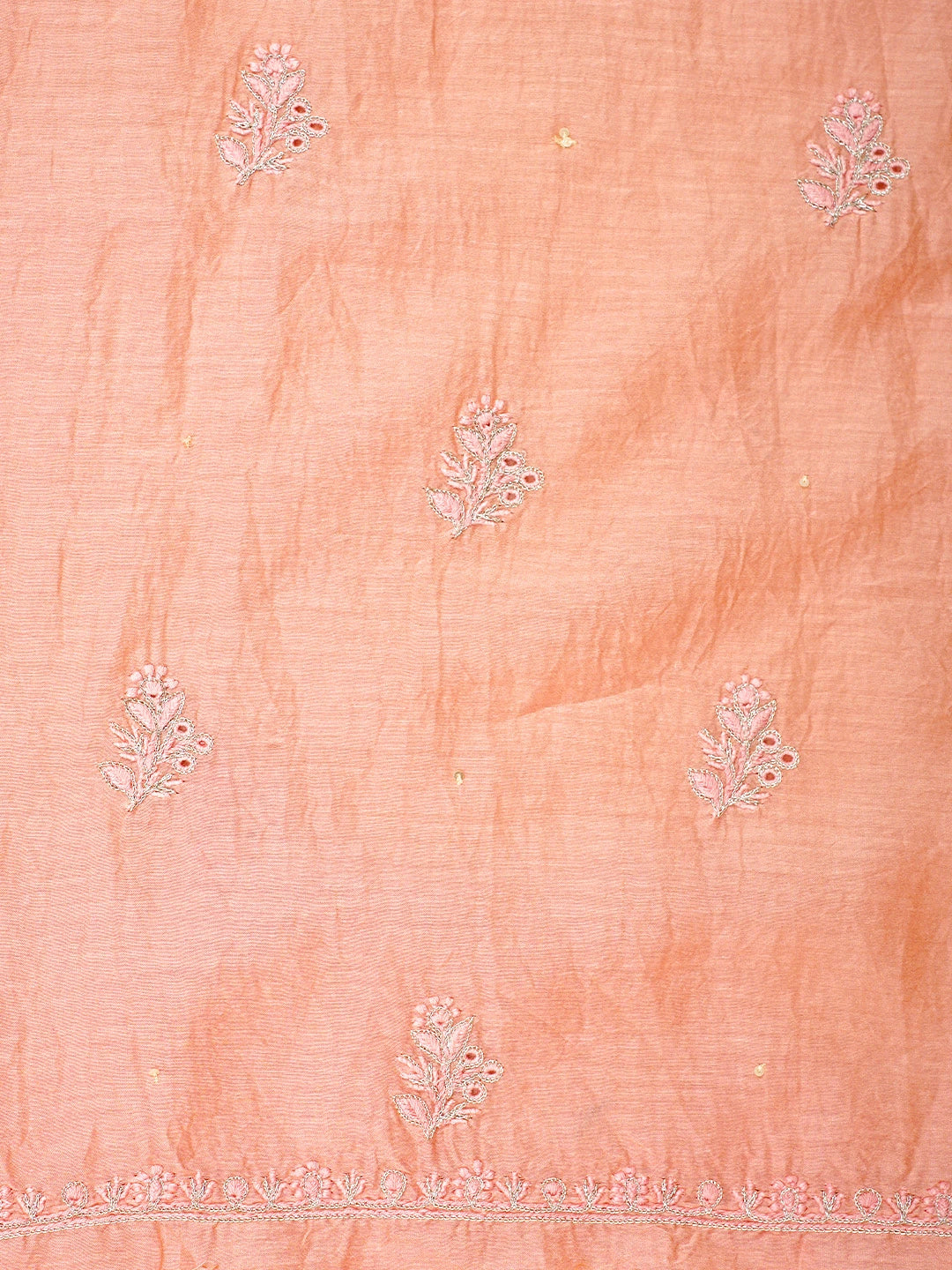 Ada Hand Embroidered Peach Chanderi Lucknowi Chikankari Unstitched Kurta Dupatta Set With Sequinned Work 01A720003