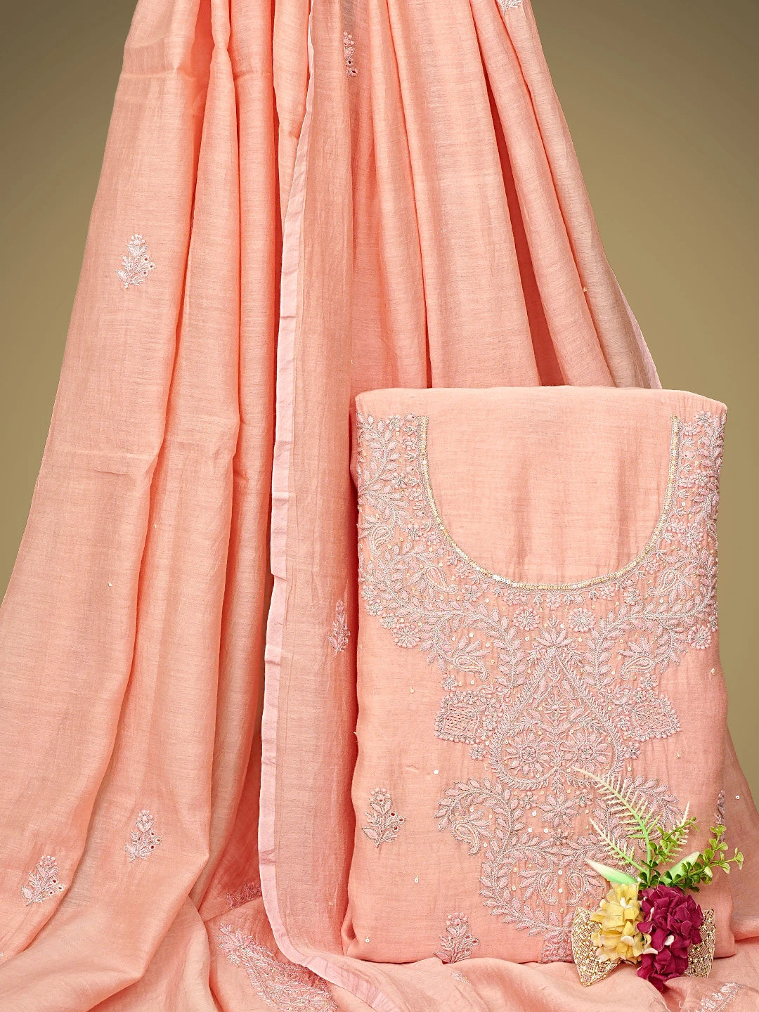 Ada Hand Embroidered Peach Chanderi Lucknowi Chikankari Unstitched Kurta Dupatta Set With Sequinned Work 01A720003