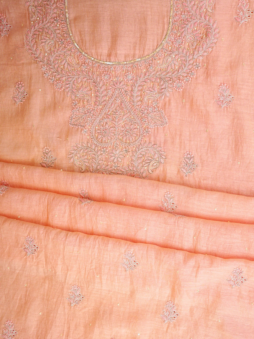 Ada Hand Embroidered Peach Chanderi Lucknowi Chikankari Unstitched Kurta Dupatta Set With Sequinned Work 01A720003