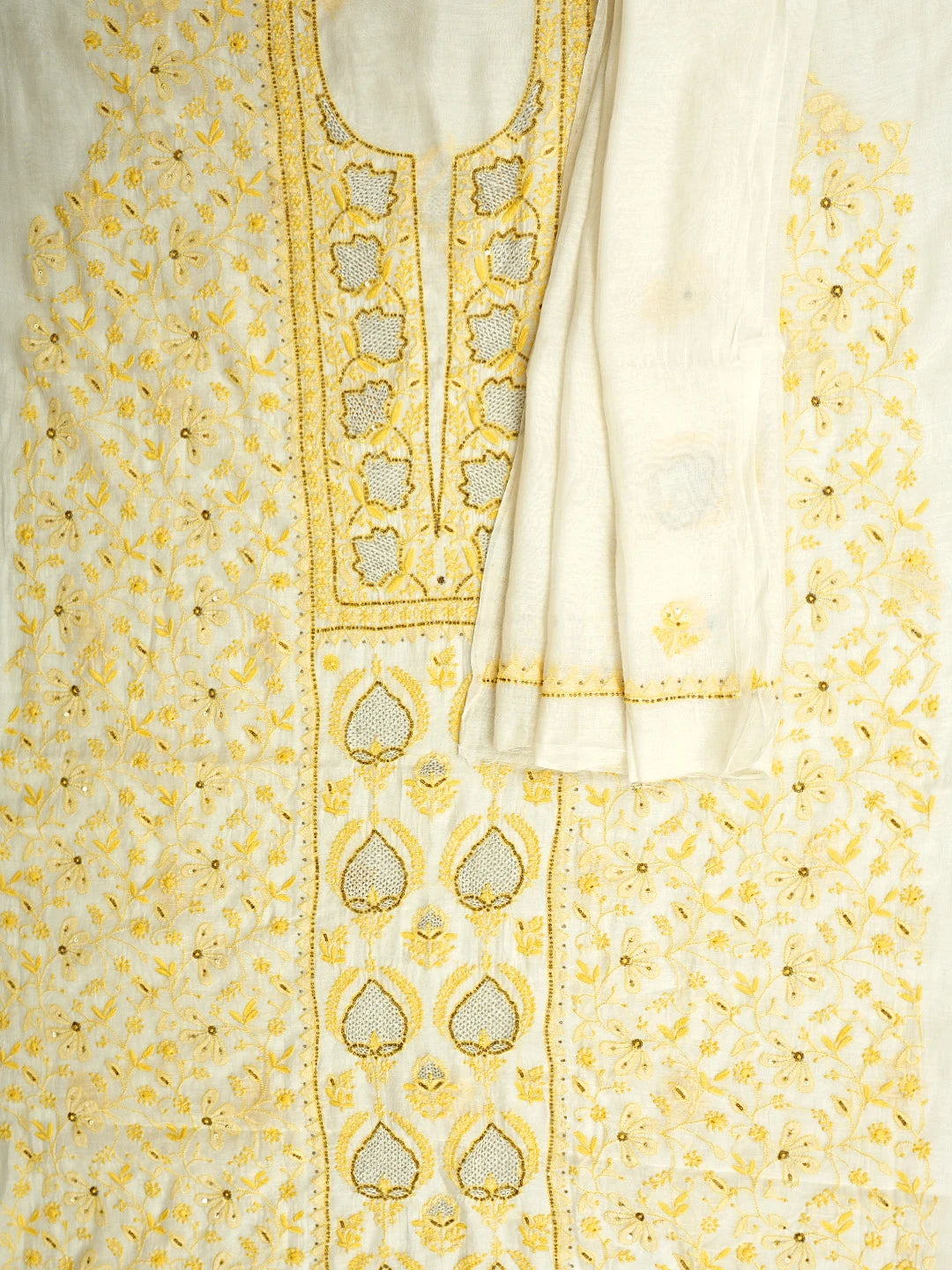 Ada Hand Embroidered White Chanderi Lucknowi Chikankari Unstitched Kurta Dupatta Set With Cutdana Work 01A586928