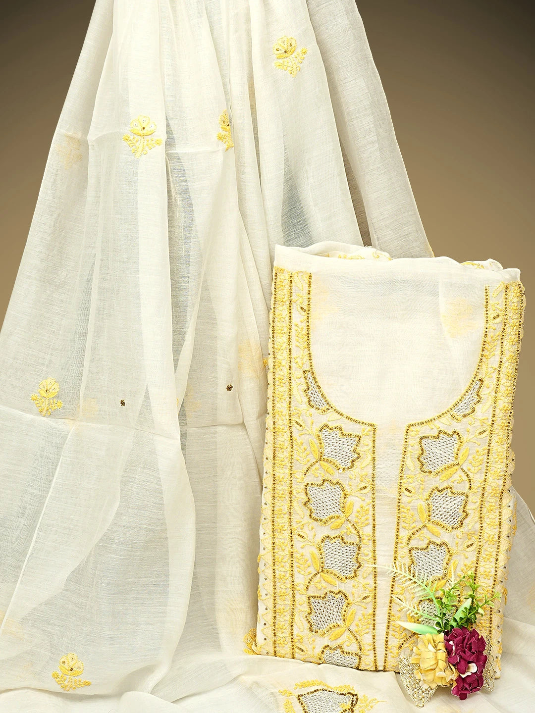 Ada Hand Embroidered White Chanderi Lucknowi Chikankari Unstitched Kurta Dupatta Set With Cutdana Work 01A586928