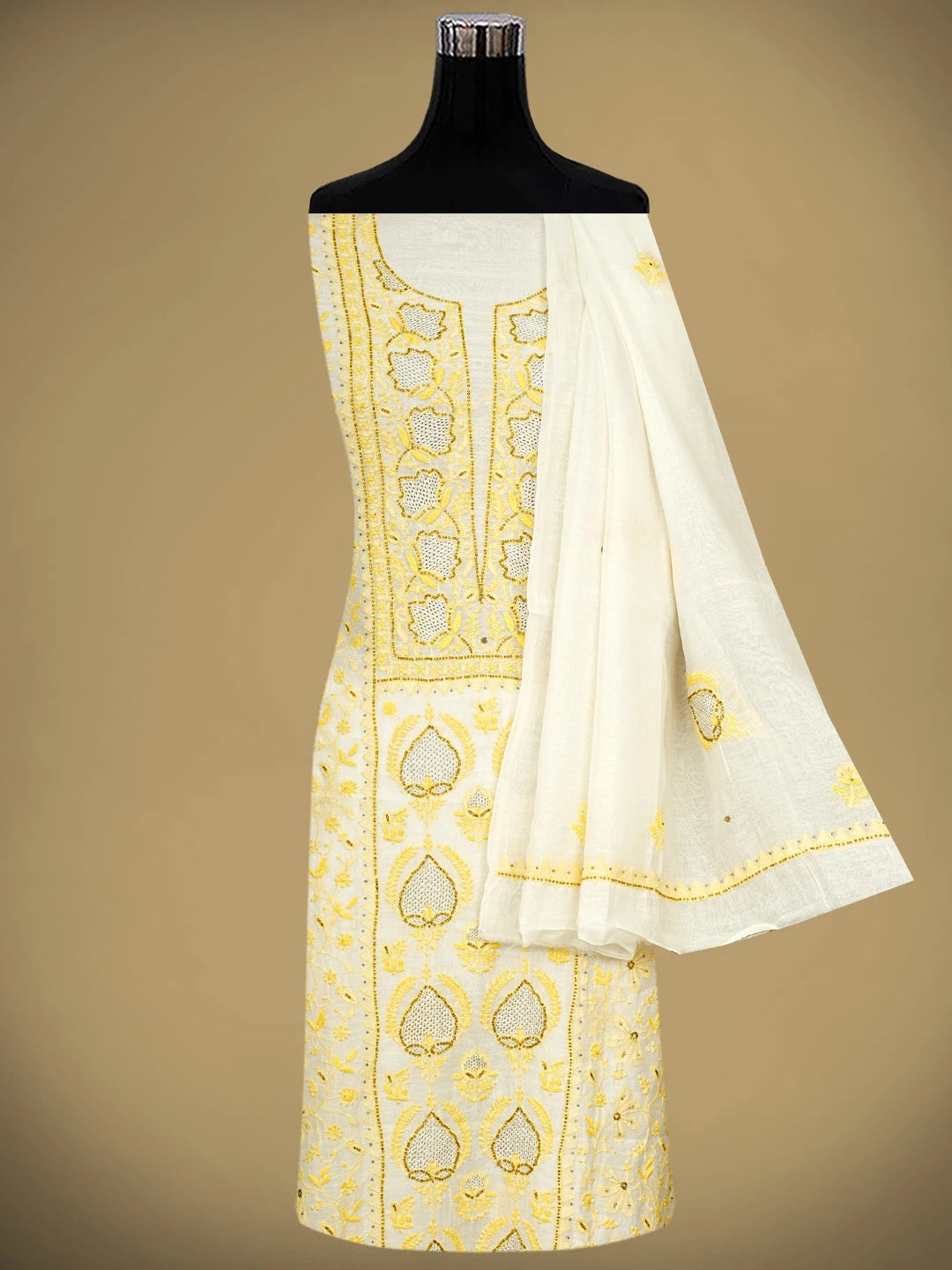 Ada Hand Embroidered White Chanderi Lucknowi Chikankari Unstitched Kurta Dupatta Set With Cutdana Work 01A586928