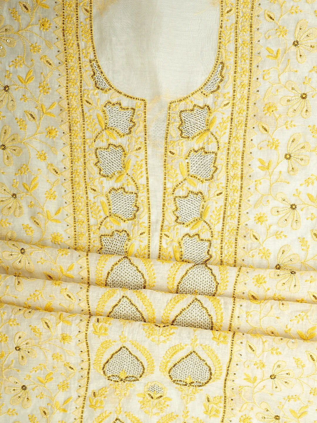 Ada Hand Embroidered White Chanderi Lucknowi Chikankari Unstitched Kurta Dupatta Set With Cutdana Work 01A586928