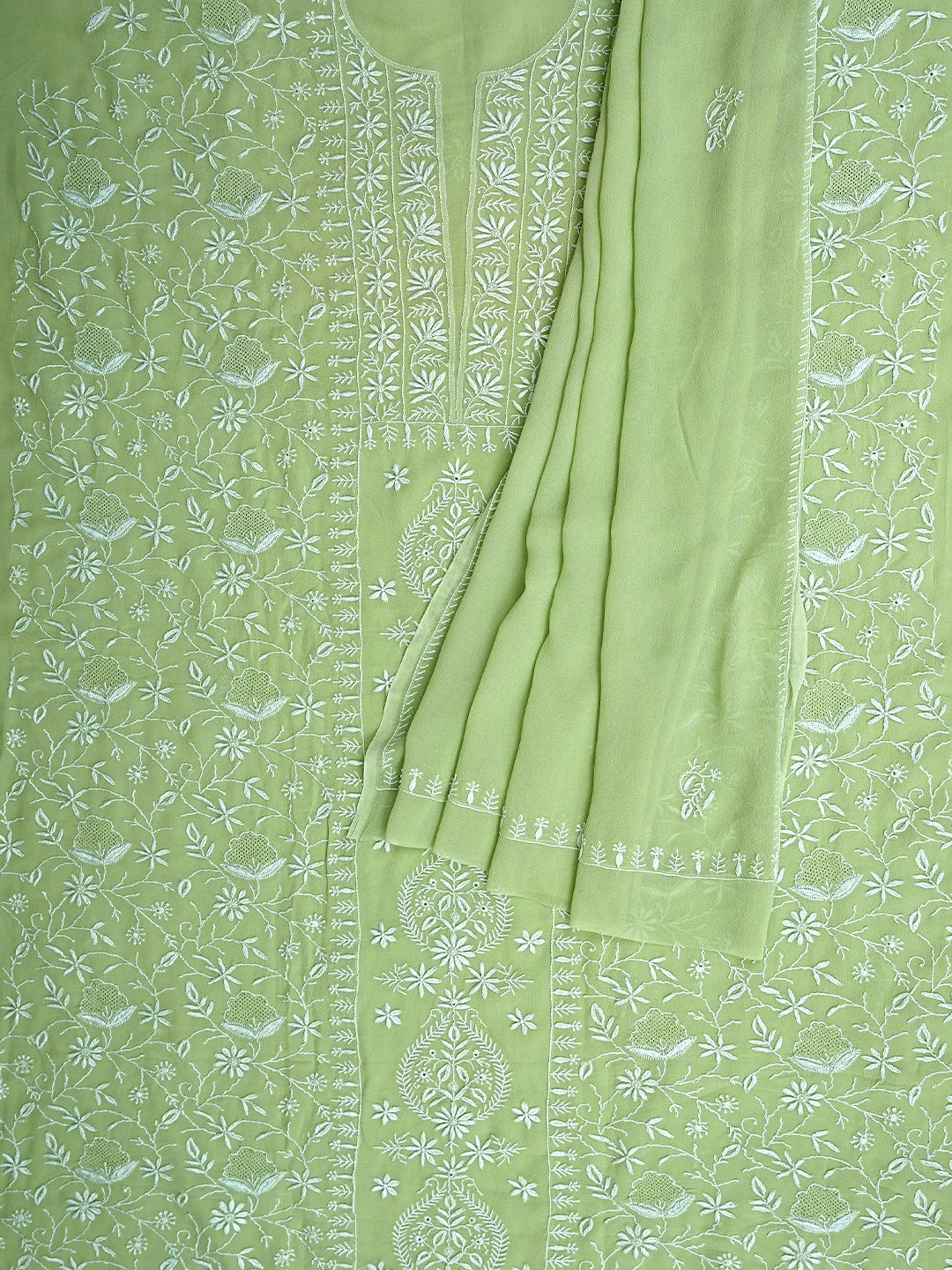 Ada Hand Embroidered Willow Green Pure Georgette Lucknowi Chikankari Unstitched Kurta Dupatta Set 01A664752