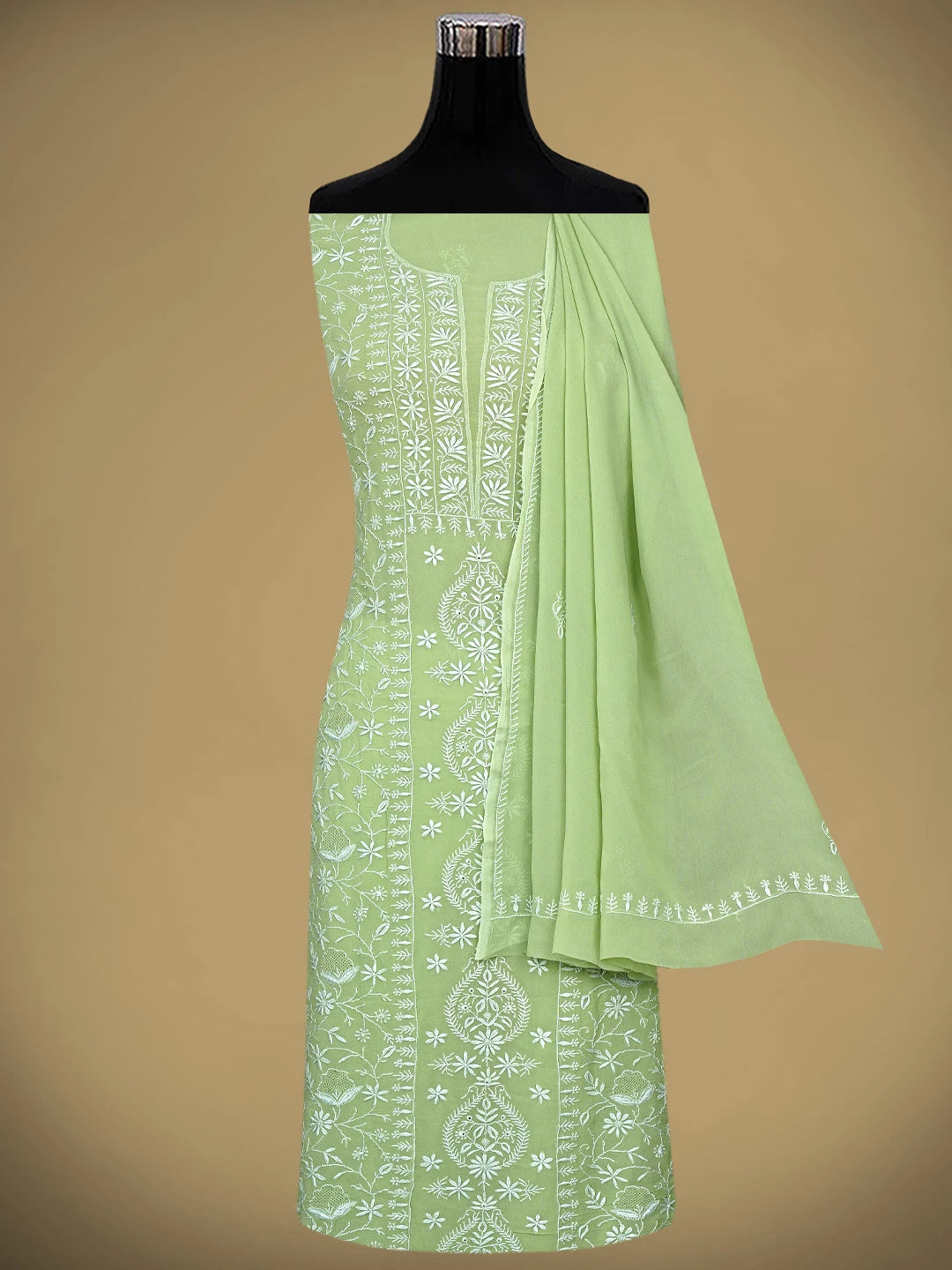 Ada Hand Embroidered Willow Green Pure Georgette Lucknowi Chikankari Unstitched Kurta Dupatta Set 01A664752